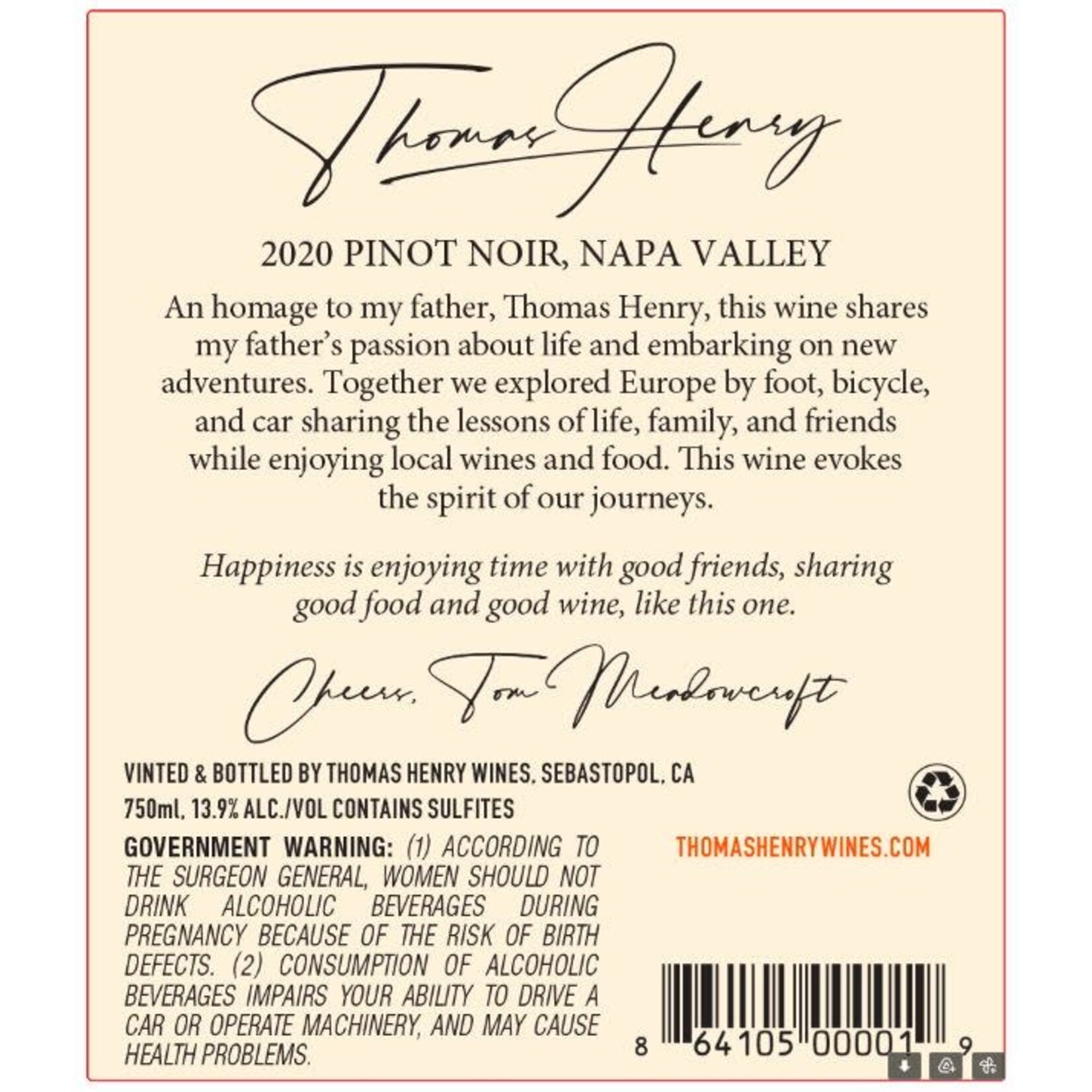 Thomas Henry Thomas Henry Pinot Noir 2023 Napa Valley,  California