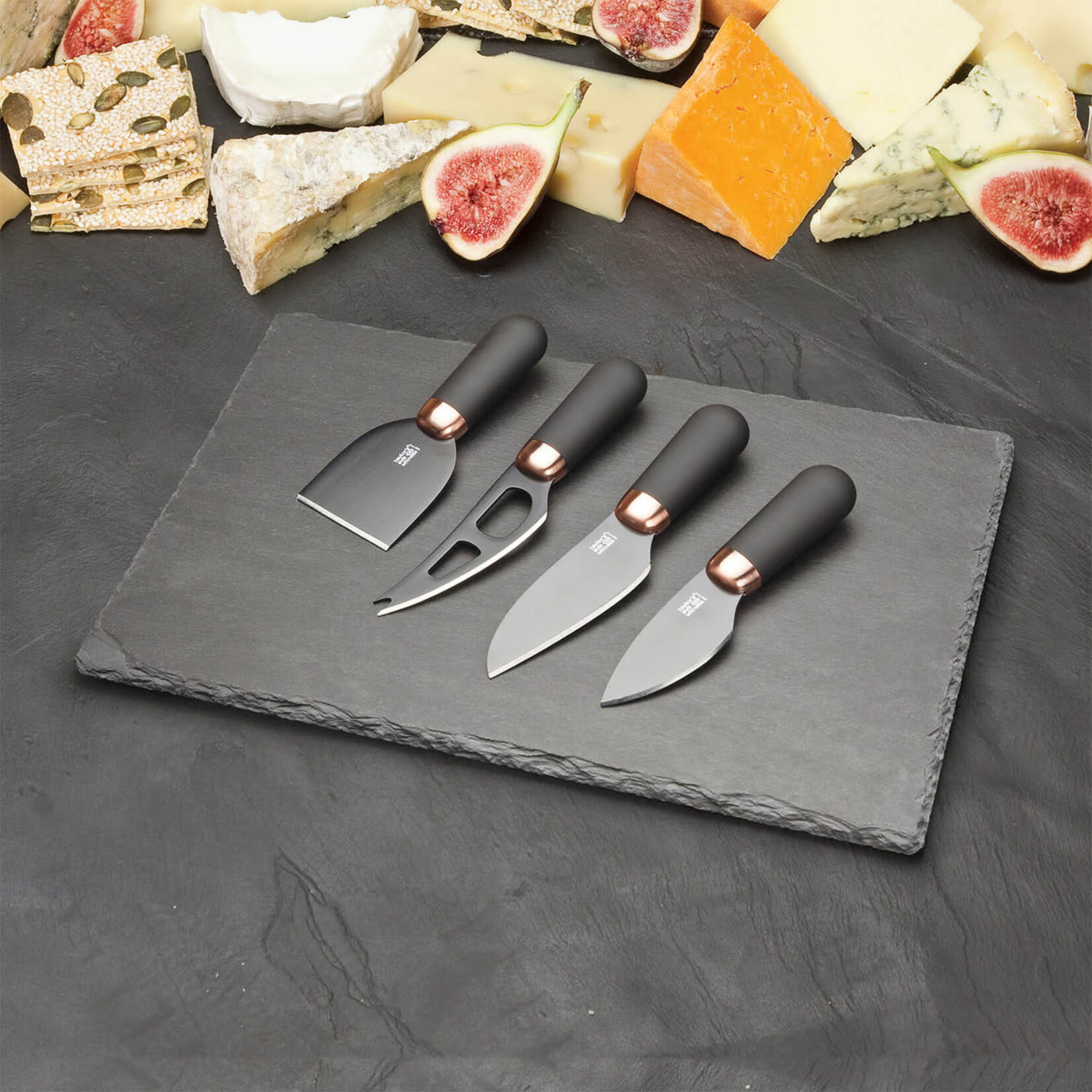 Taylors Eye Witness Brooklyn Copper 4 Piece Cheese Knife & Slate Board Set Black Handle