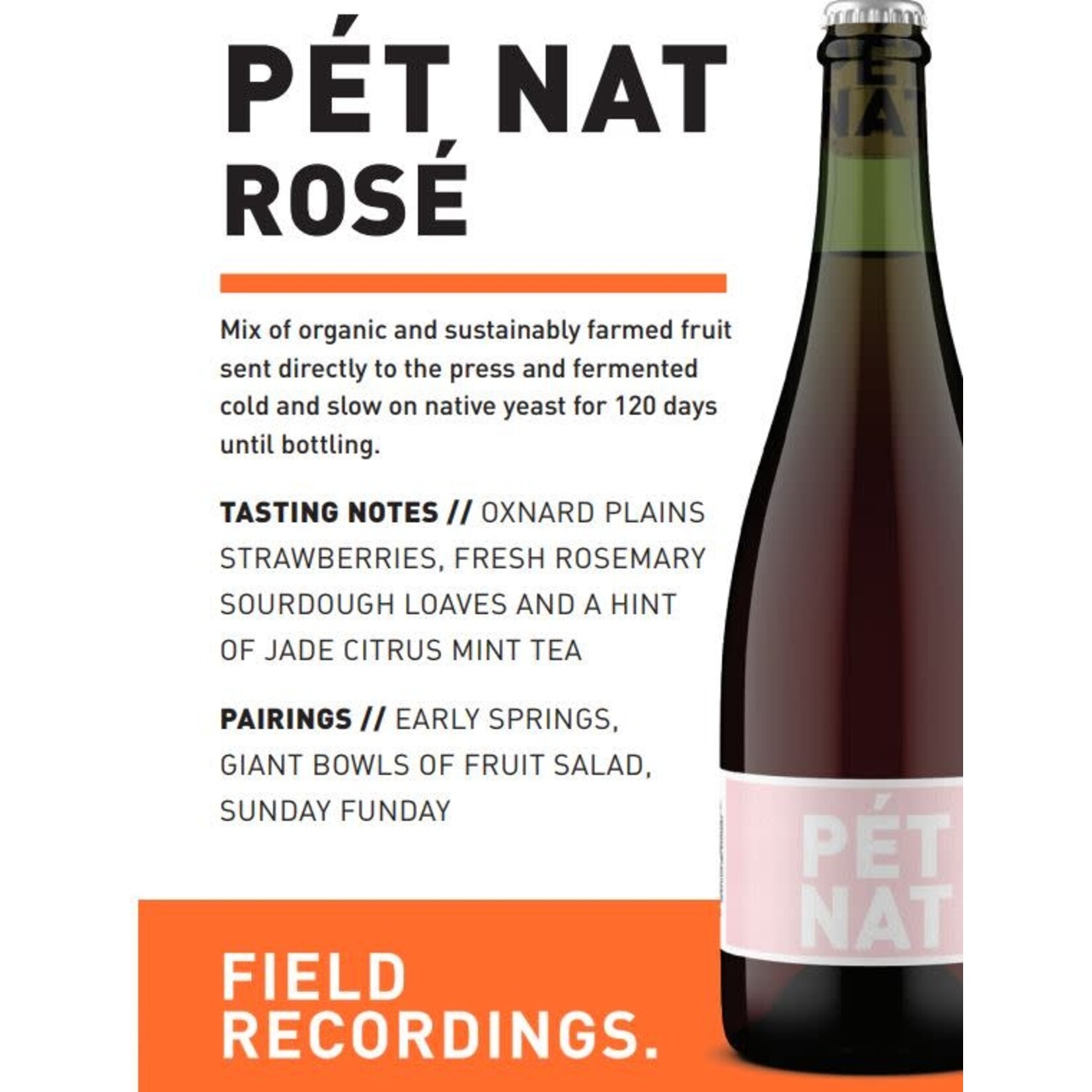 Field Recordings Field Recordings Pet Nat Sparkling Rose ORGANIC 2022 750 ml,  California