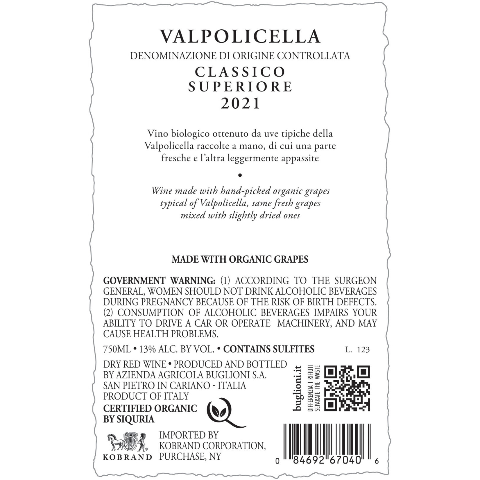 Buglioni I'mperfetto Superiore Valpolicella Classico 2021 Made with Organic Grapes Italy