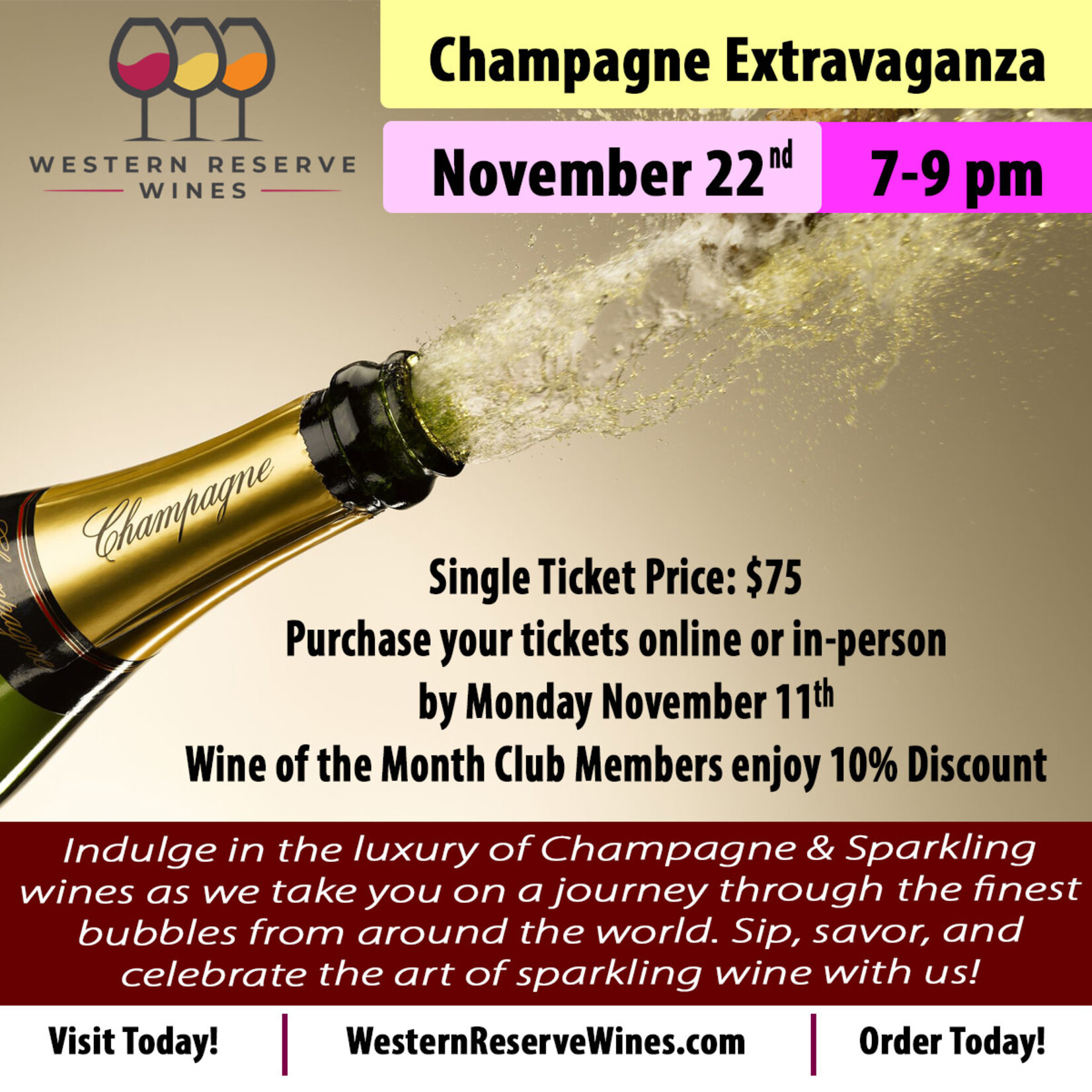 Champagne Extravaganza Tasting One Guest $75 plus tax