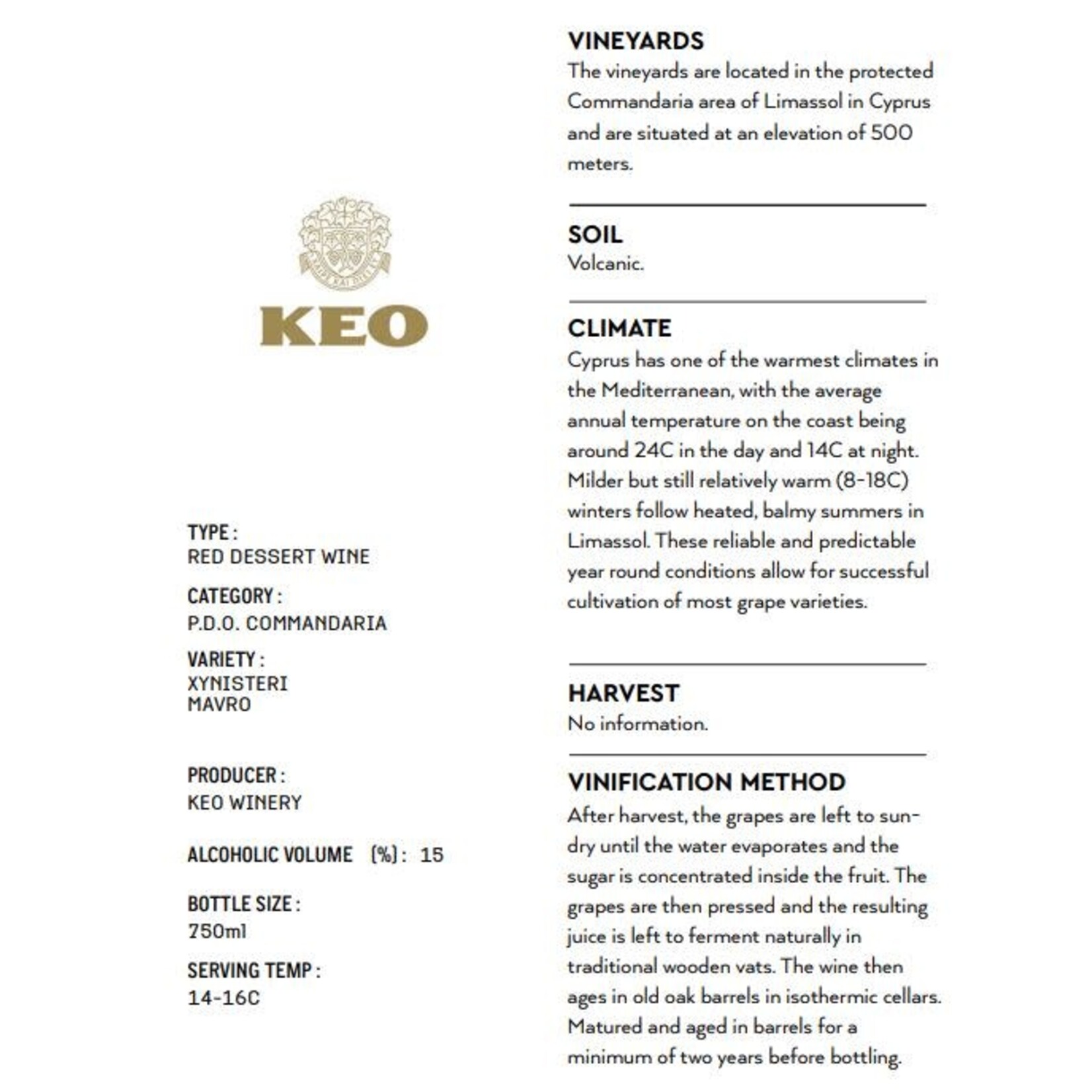 KEO St. John Commandaria Greece Cyprus 500 ml
