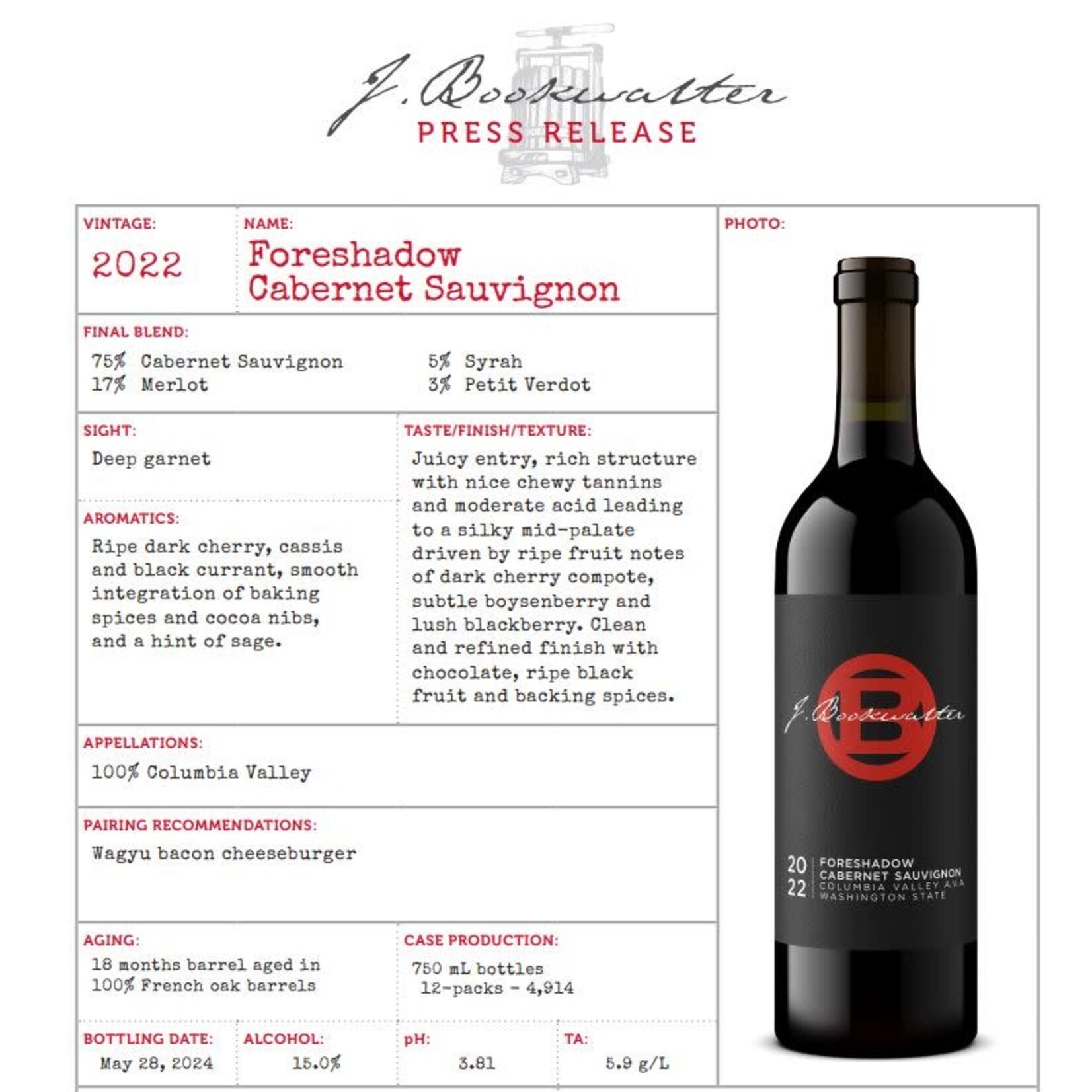 Bookwalter Winery J. Bookwalter Foreshadow Cabernet Sauvignon 2022  Washington