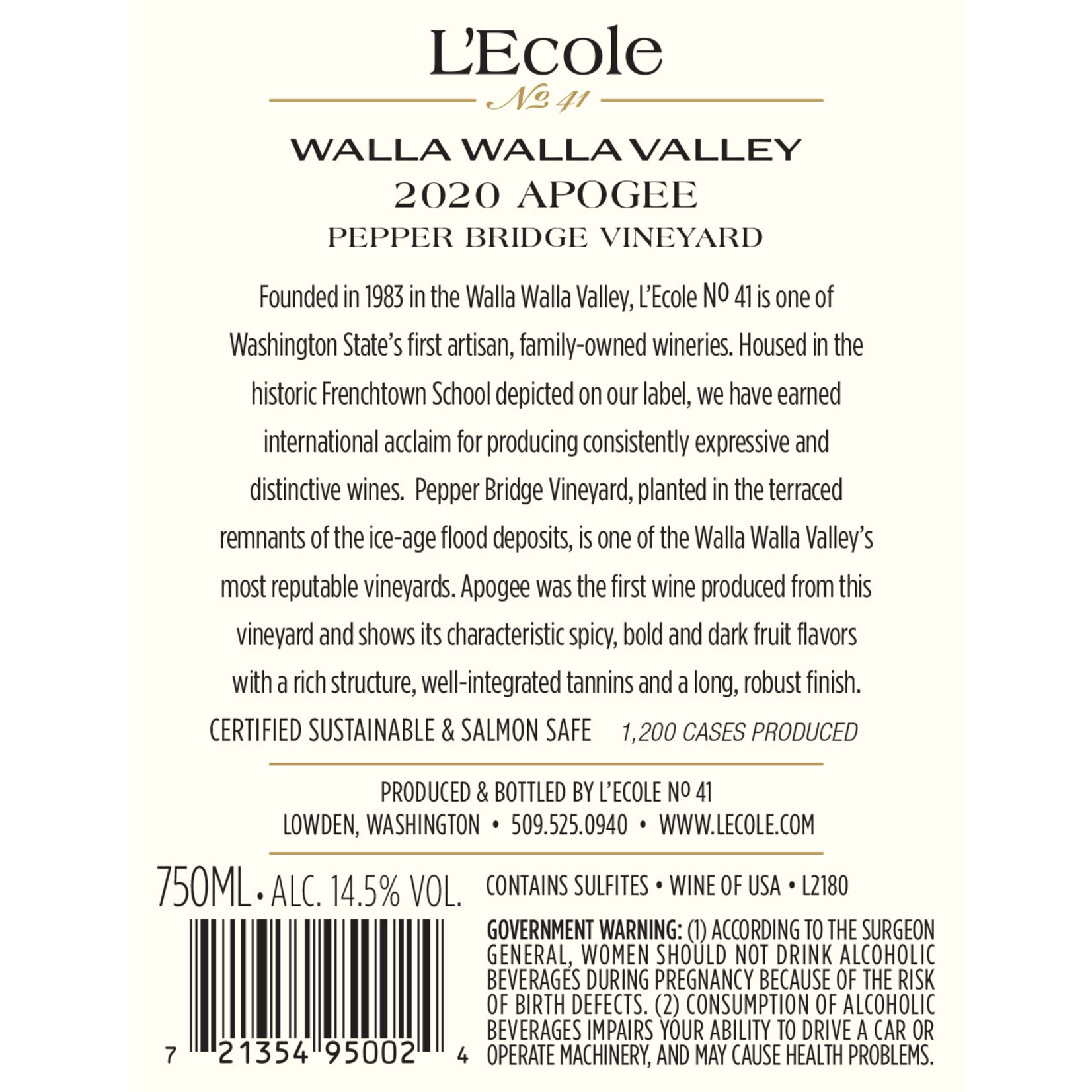 L'Ecole No 41 Apogee Pepper Bridge Vineyard Walla Walla Valley 2020 Washington