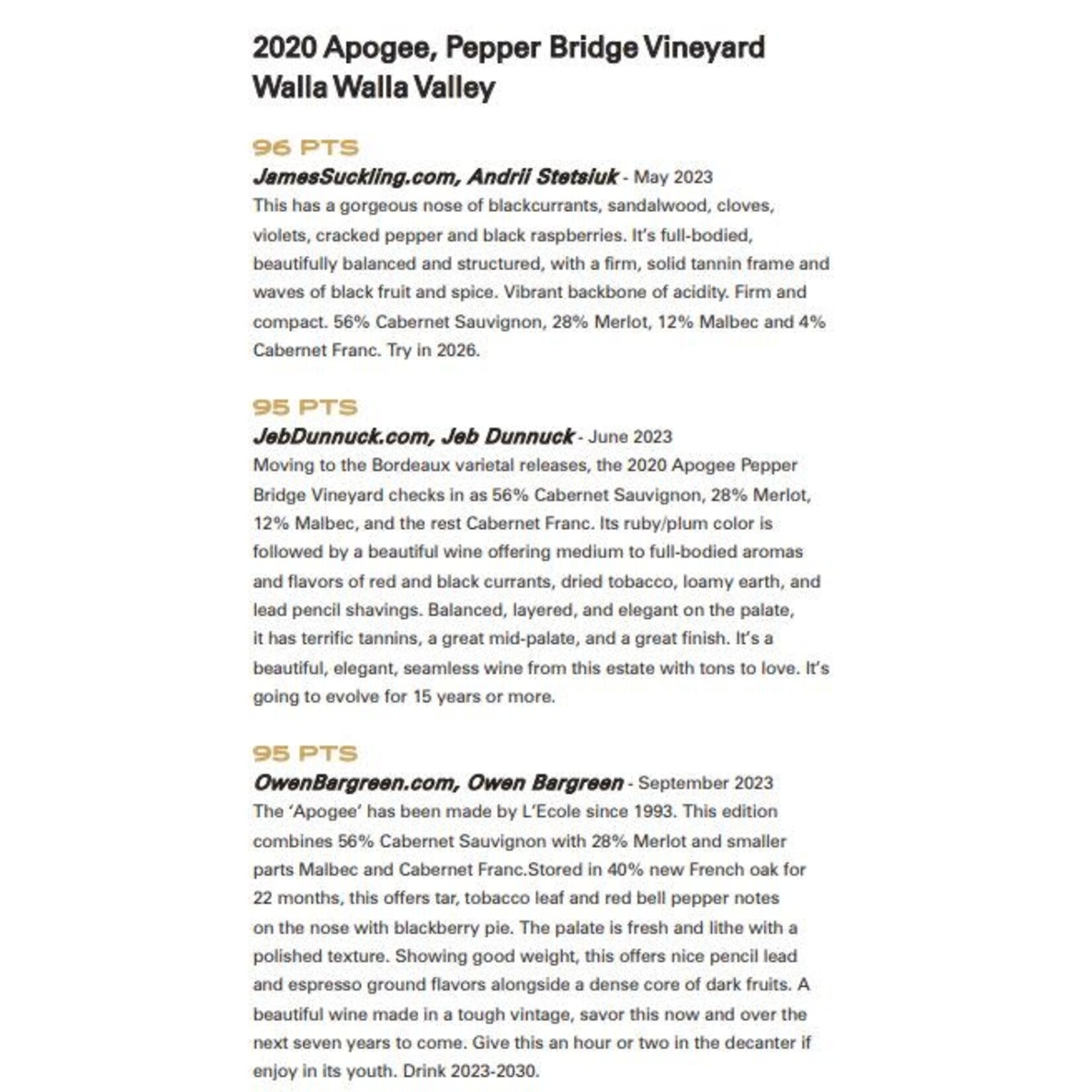 L'Ecole No 41 Apogee Pepper Bridge Vineyard Walla Walla Valley 2020 Washington