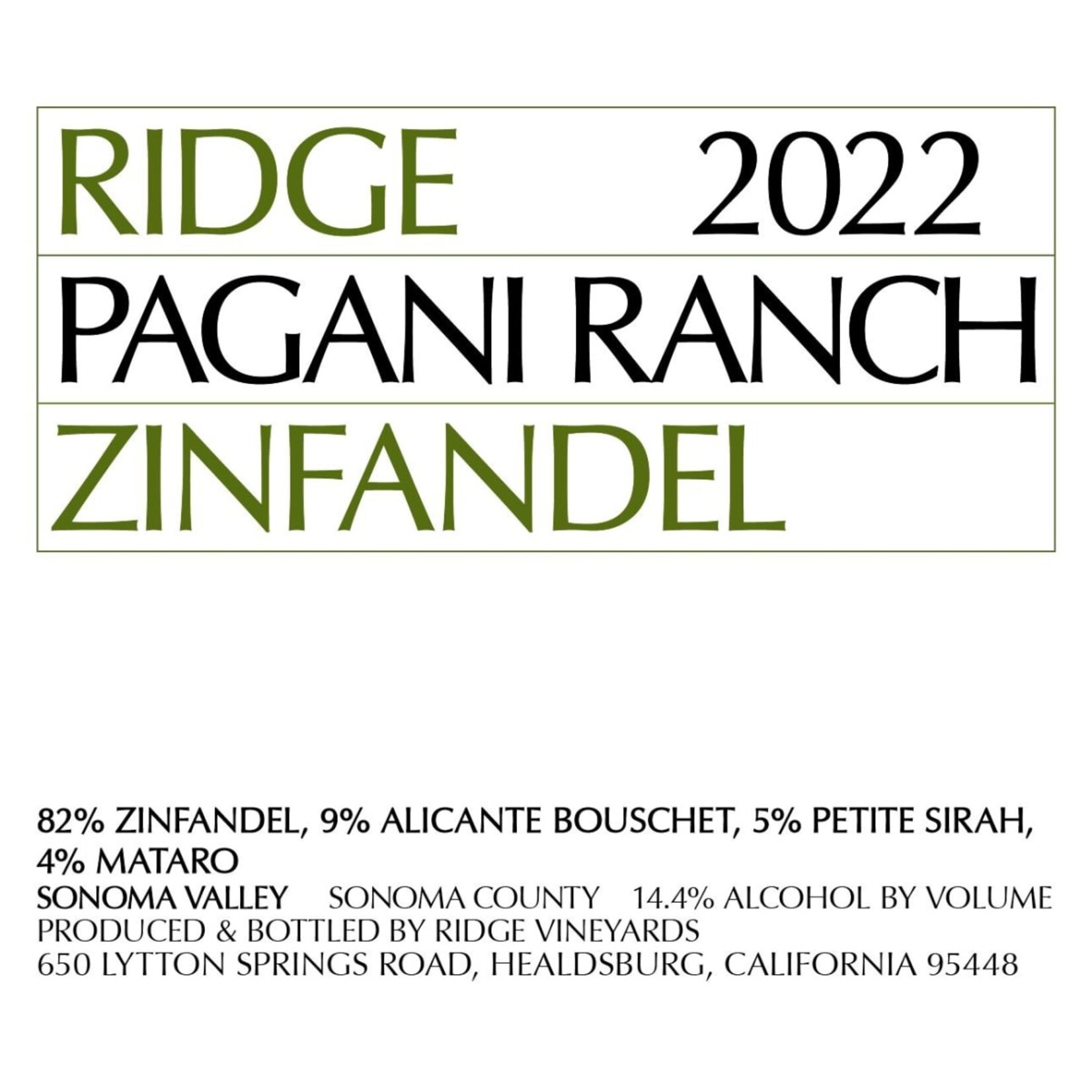 Ridge Zinfandel Pagani Ranch 2022 California