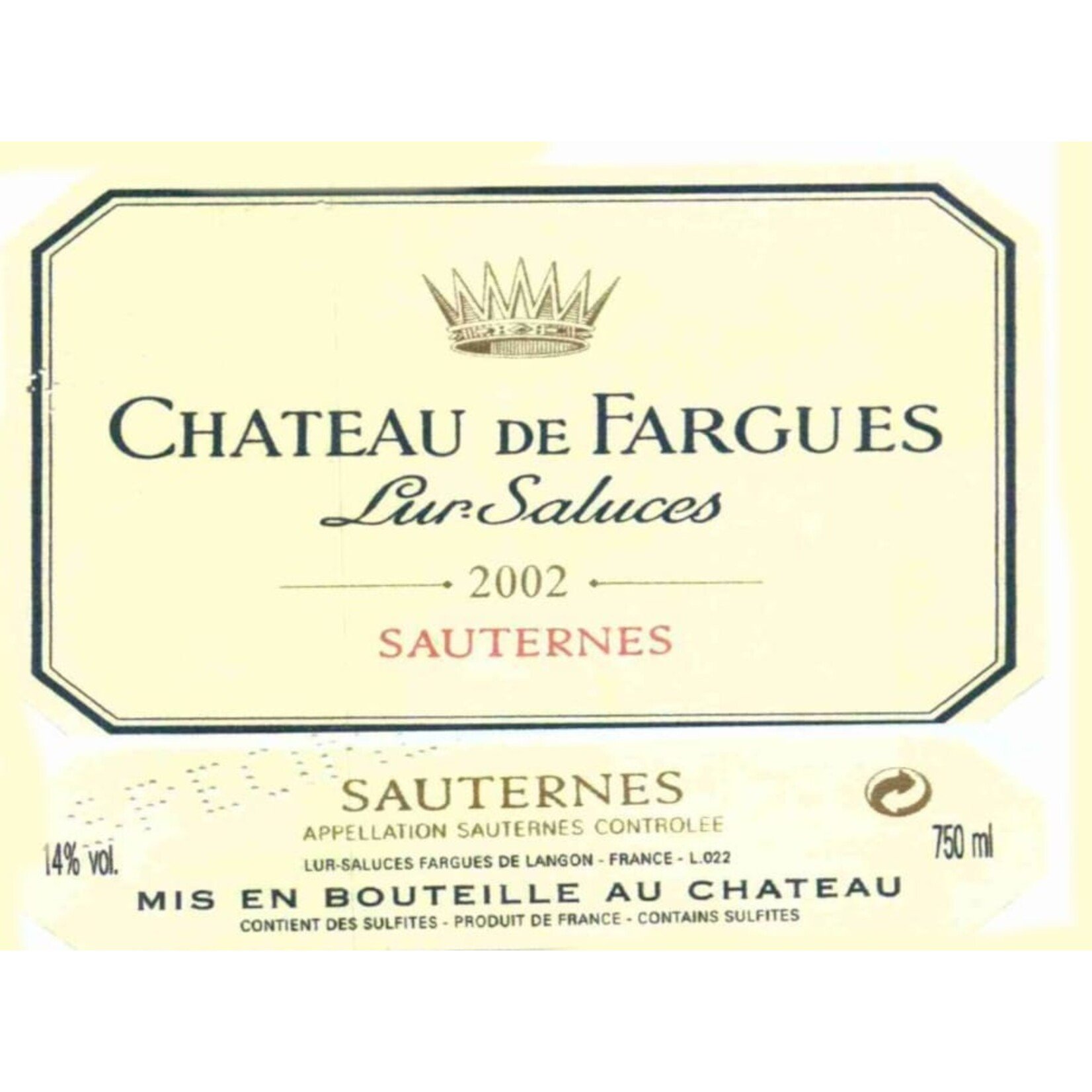 Chateau de Fargues Sauternes 2002 375mL