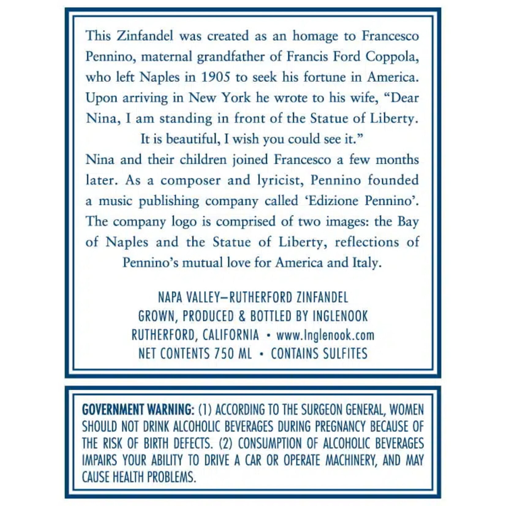 Inglenook Inglenook Niebaum-Pennino Rutherford Zinfandel Edizione Pennino 2020