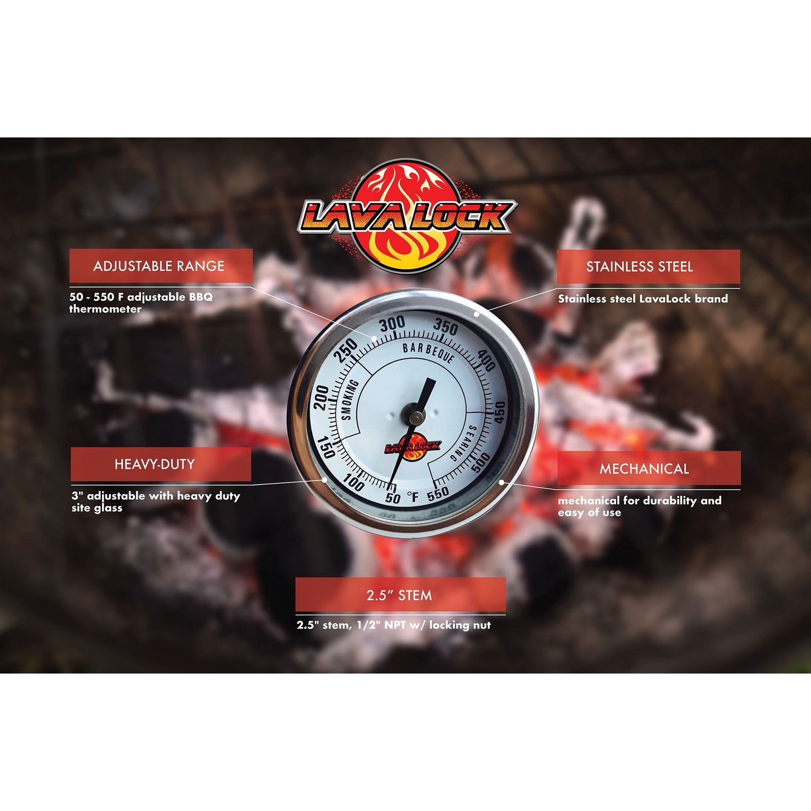 Lava Lock LavaLock® 3" Adjustable Premium BBQ Smoker Thermometer, 2.5" Stem - Fully Adjustable 1/2" NPT
