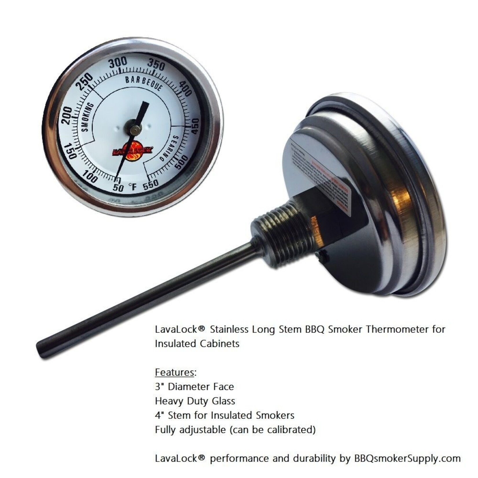 Lava Lock Lava Lock® 3" Face 4" Stem BBQ Smoker Thermometer