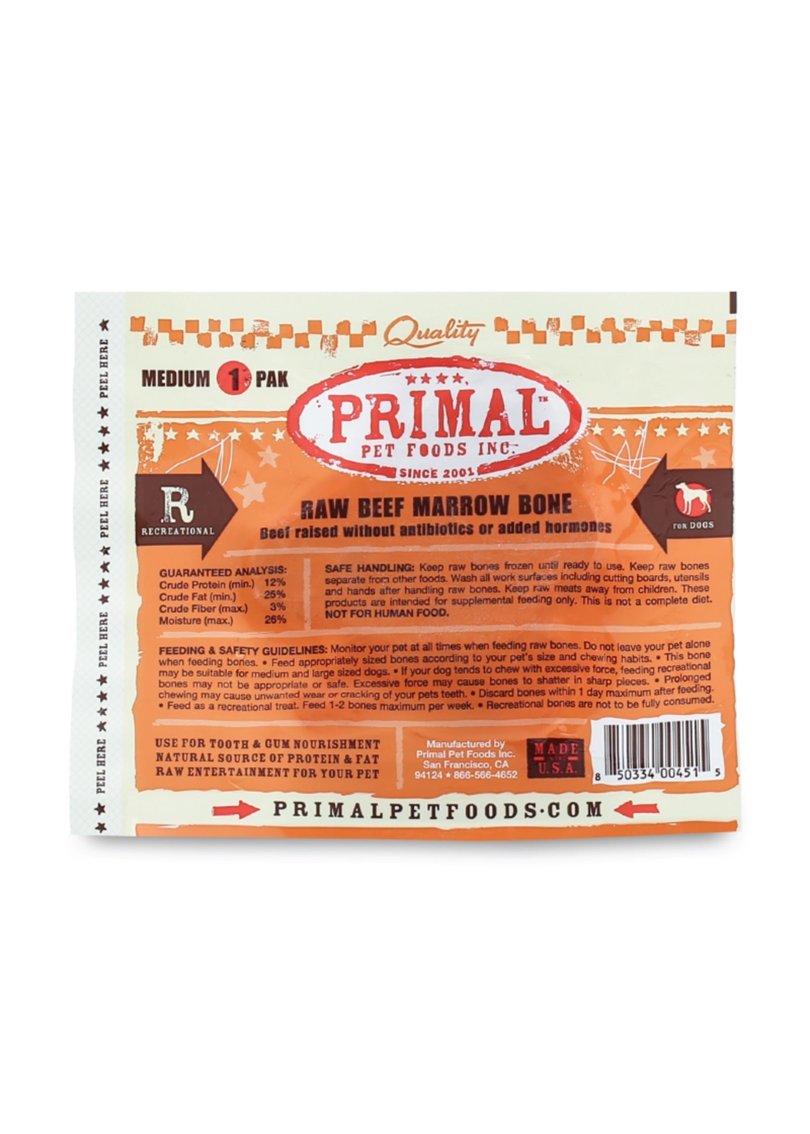 Primal Pet Foods Raw Beef Marrow Bone 1 Pack Medium (Frozen)