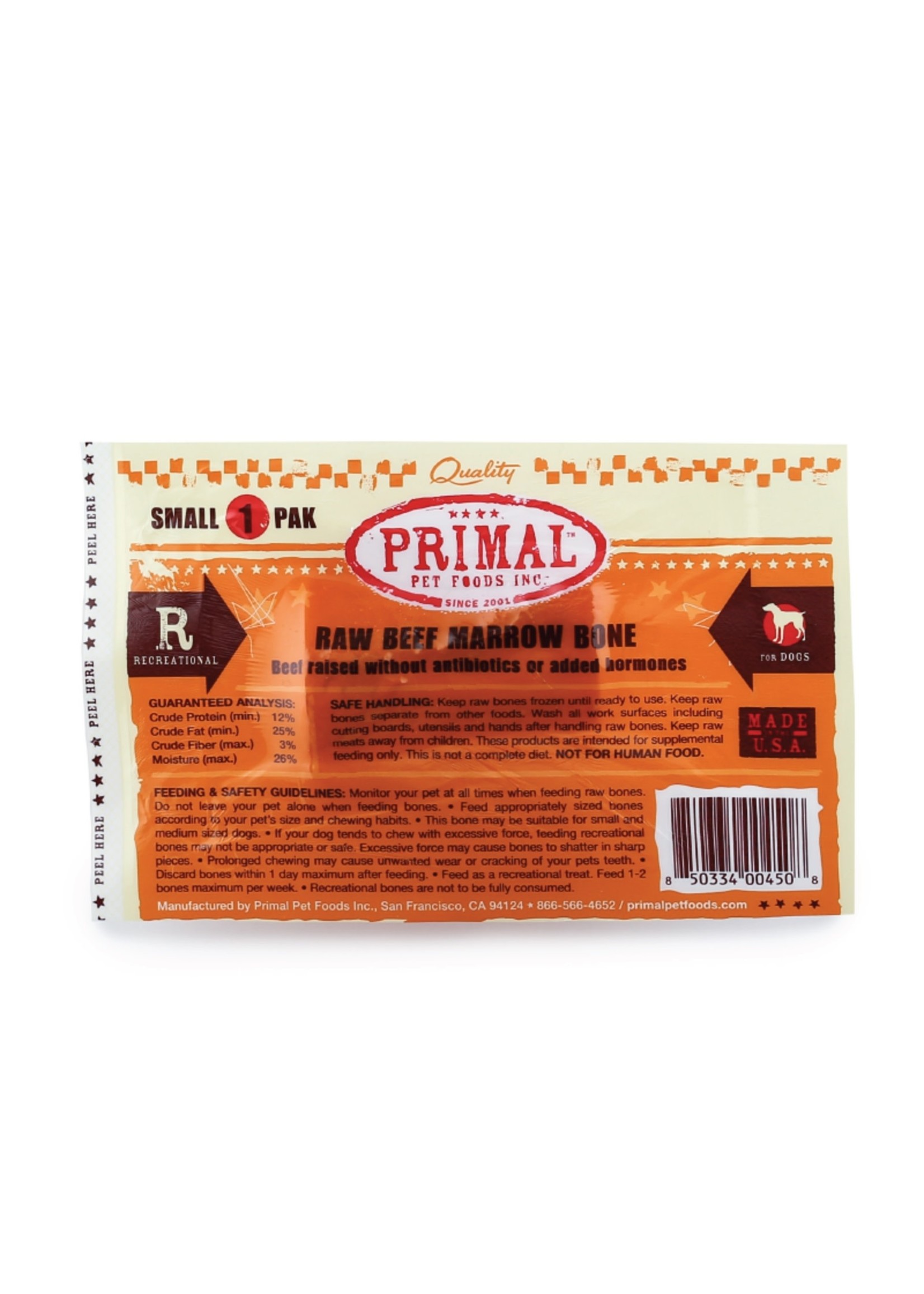 Primal Pet Foods Raw Beef Marrow Bone 1 Pack Small (Frozen)