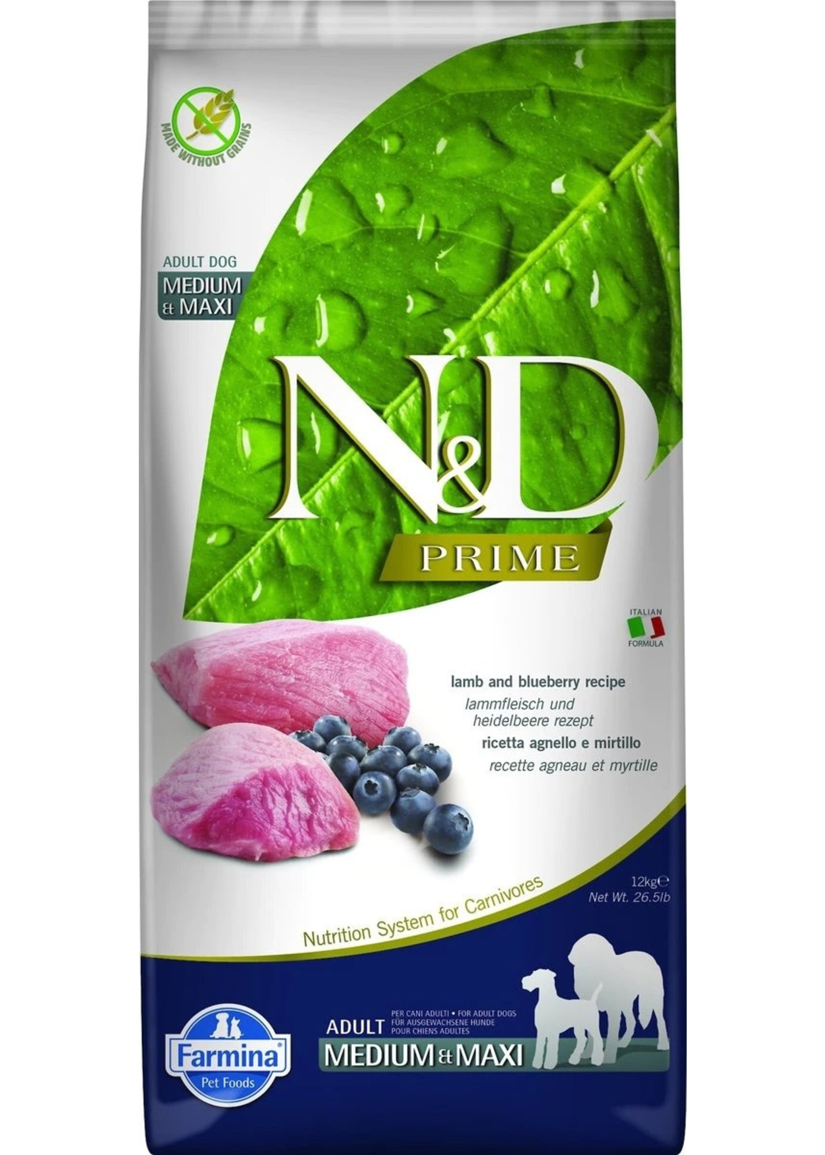 Farmina Grain Free Prime Lamb Blueberry Recipe  Adult Med Maxi 26.4 lbs