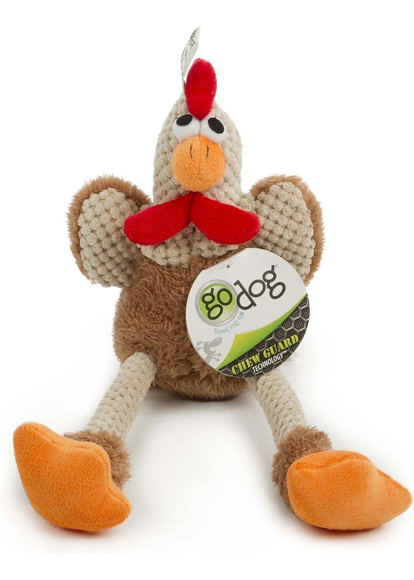 goDog Checkers Skinny Rooster Chew Guard Squeaky Plush Dog Toy Small