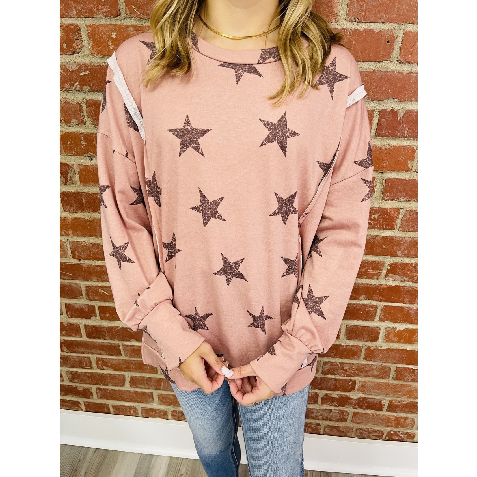 Star Print French Terry Long Sleeve Knit Top