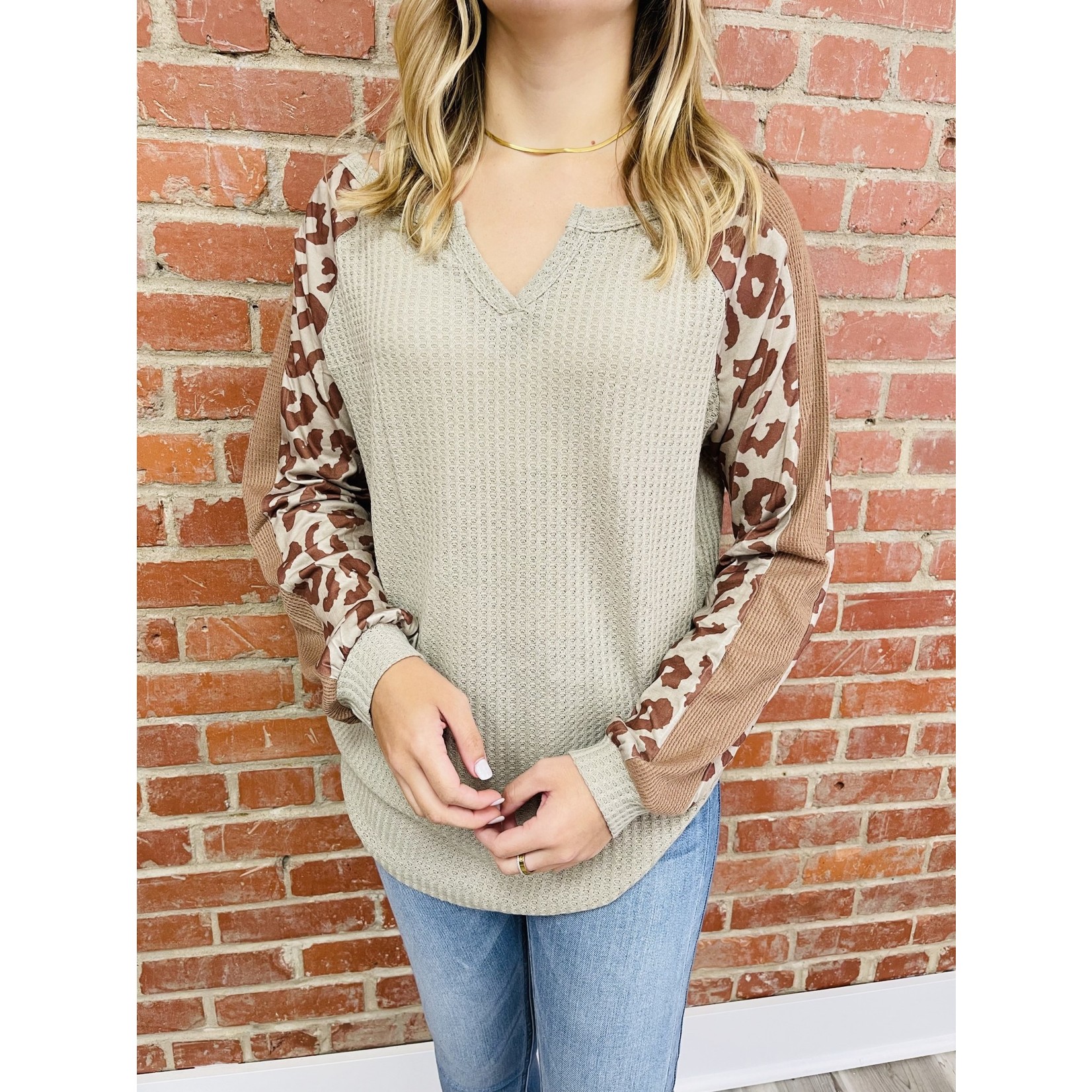 Kentce Waffle Long Sleeve Top With Leopard Highlight