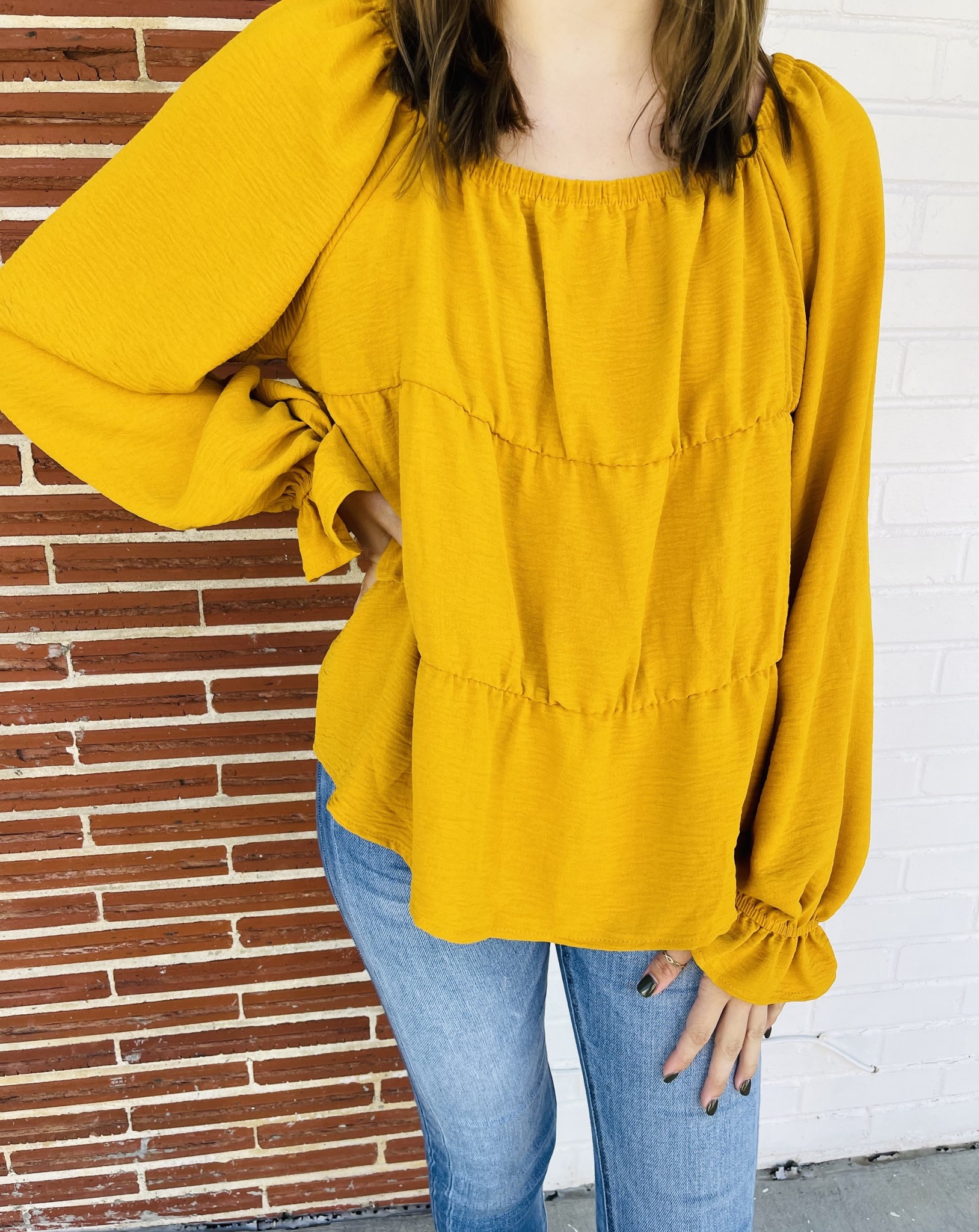 GeeGee Tiered Top with Ruffle Cuff - Mustard - COVINGTON CHARM