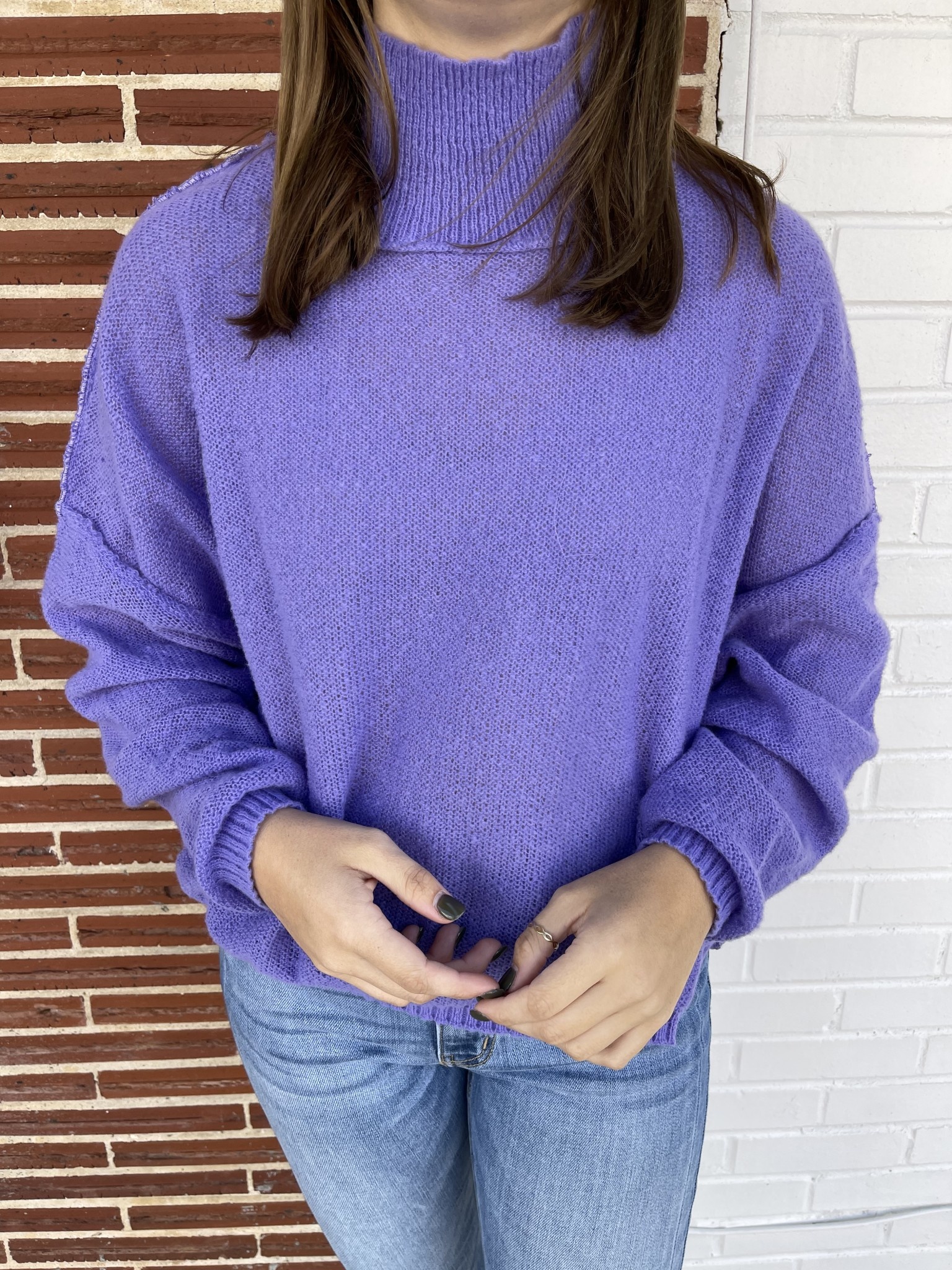 Neon Purple Mock Neck Cropped Sweater 