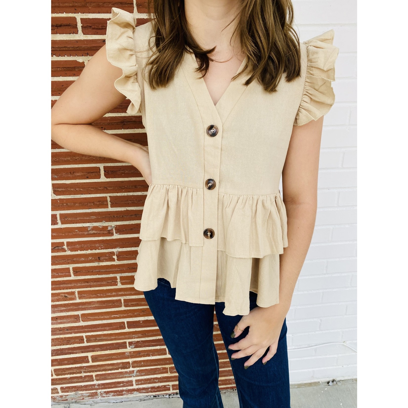 Lily Clothing Khaki Button Up Tiered Sleeveless Top