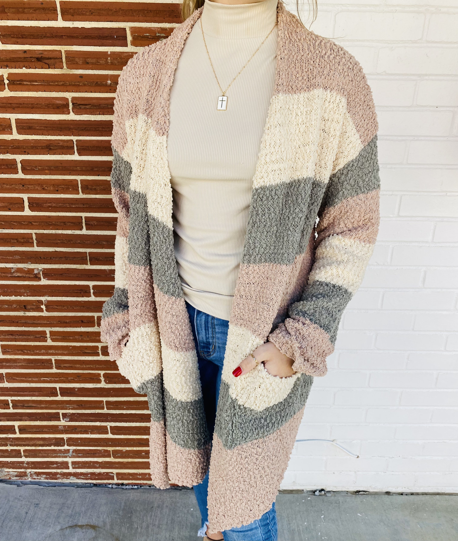 Mocha/Cream/Sage Popcorn Cardigan 