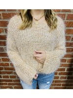 Bell Sleeve Metallic Yarn Contrast Knit Sweater-Peach