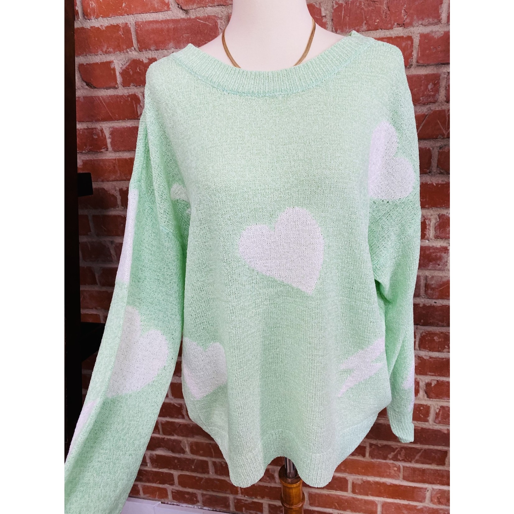 Heart & Lightning Bolt Sweater With Back Strap - Mint