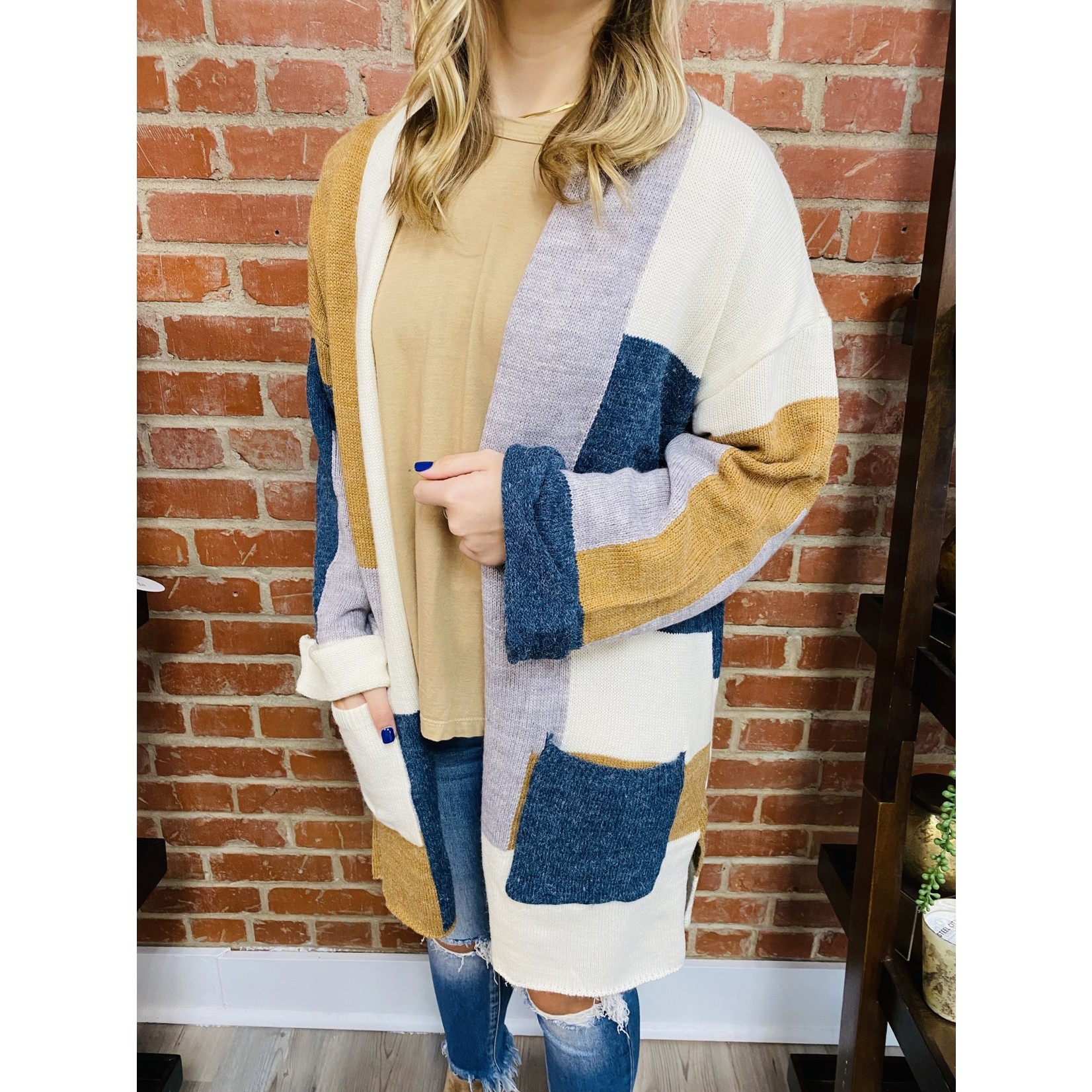 Jodifl Color Block Cardigan With Cuffed Sleeves And Front Pockets