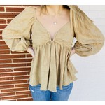 Mustard Seed Taupe Lace Up Back Top With Bubble Sleeves
