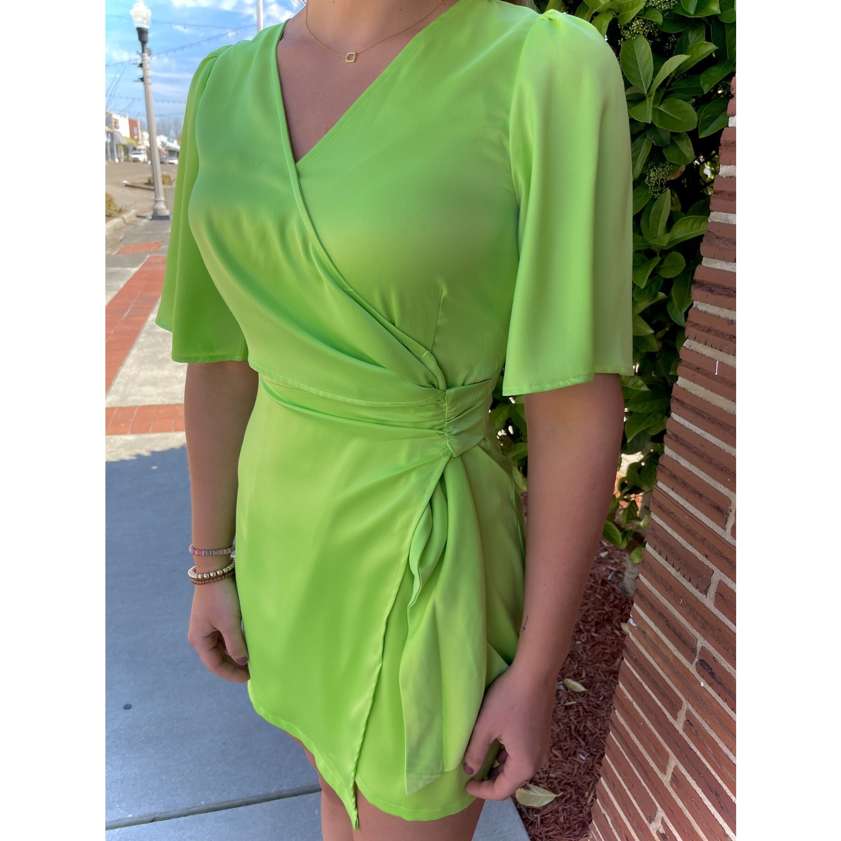 Glam Satin Lime V Neck Dress with Tie