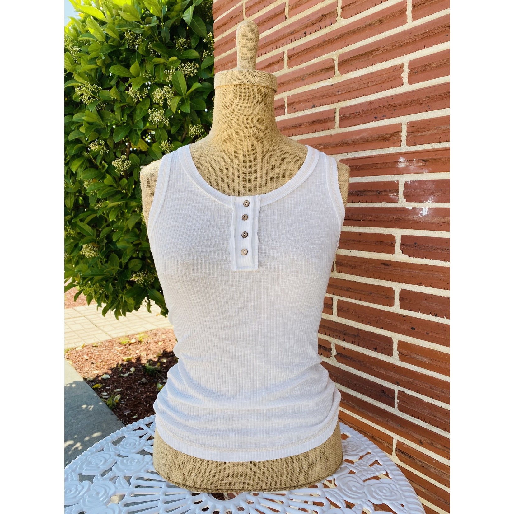 La Miel Ribbed Cotton Henley Top with Button Detailing