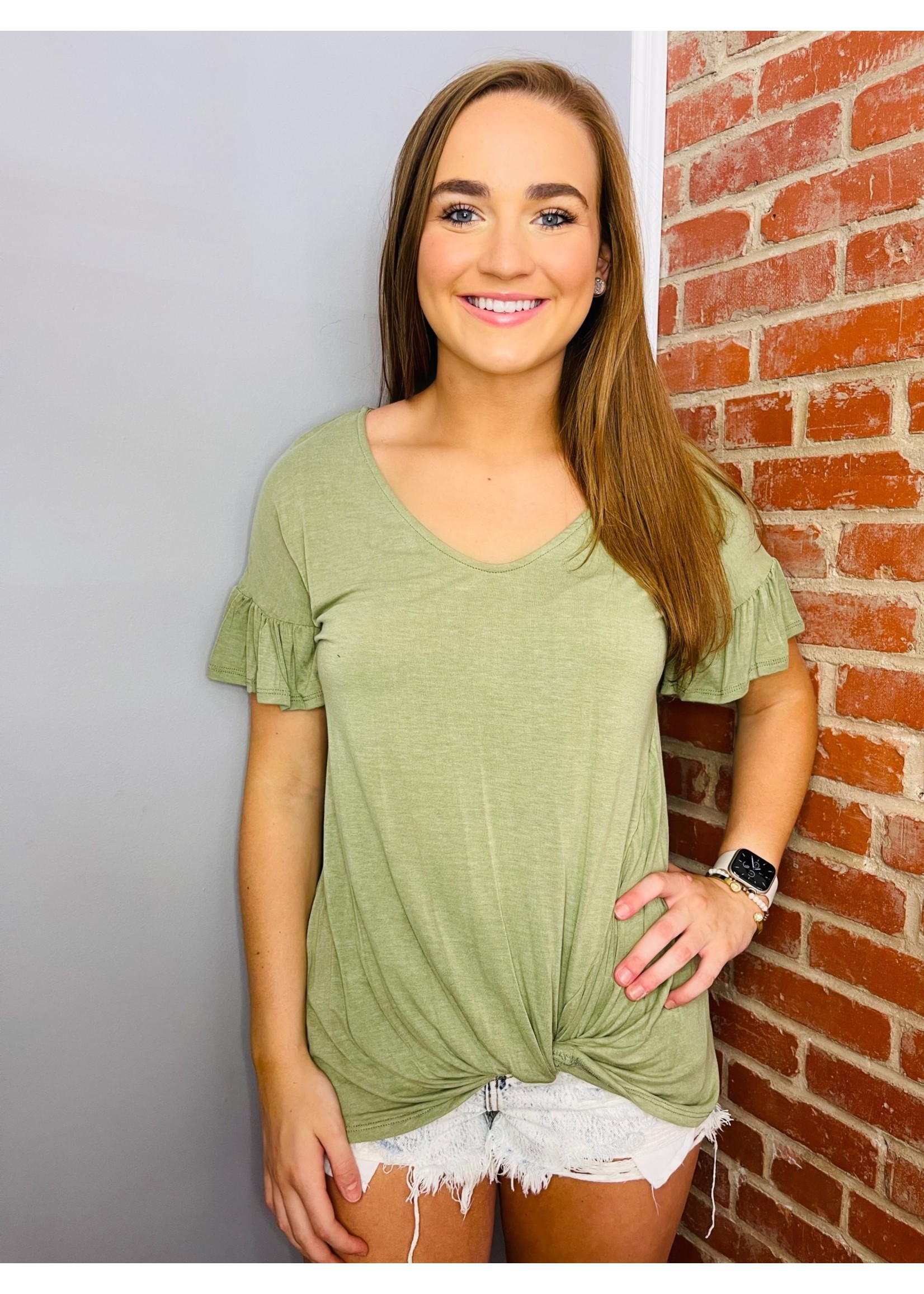 First Love Twist Knot Top with Ruffle Sleeves - Sage