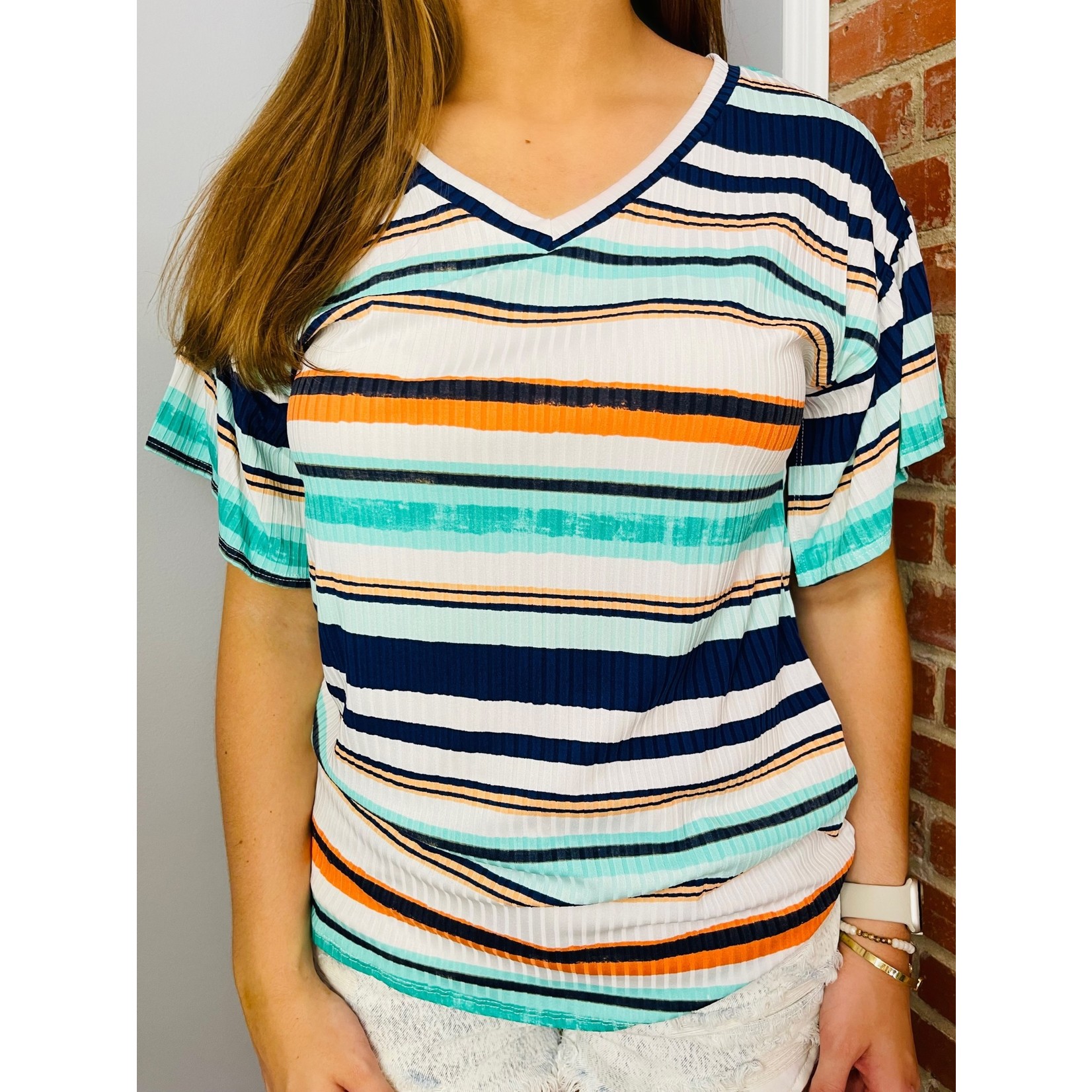 First Love Striped V Neck Top with Angel Sleeves