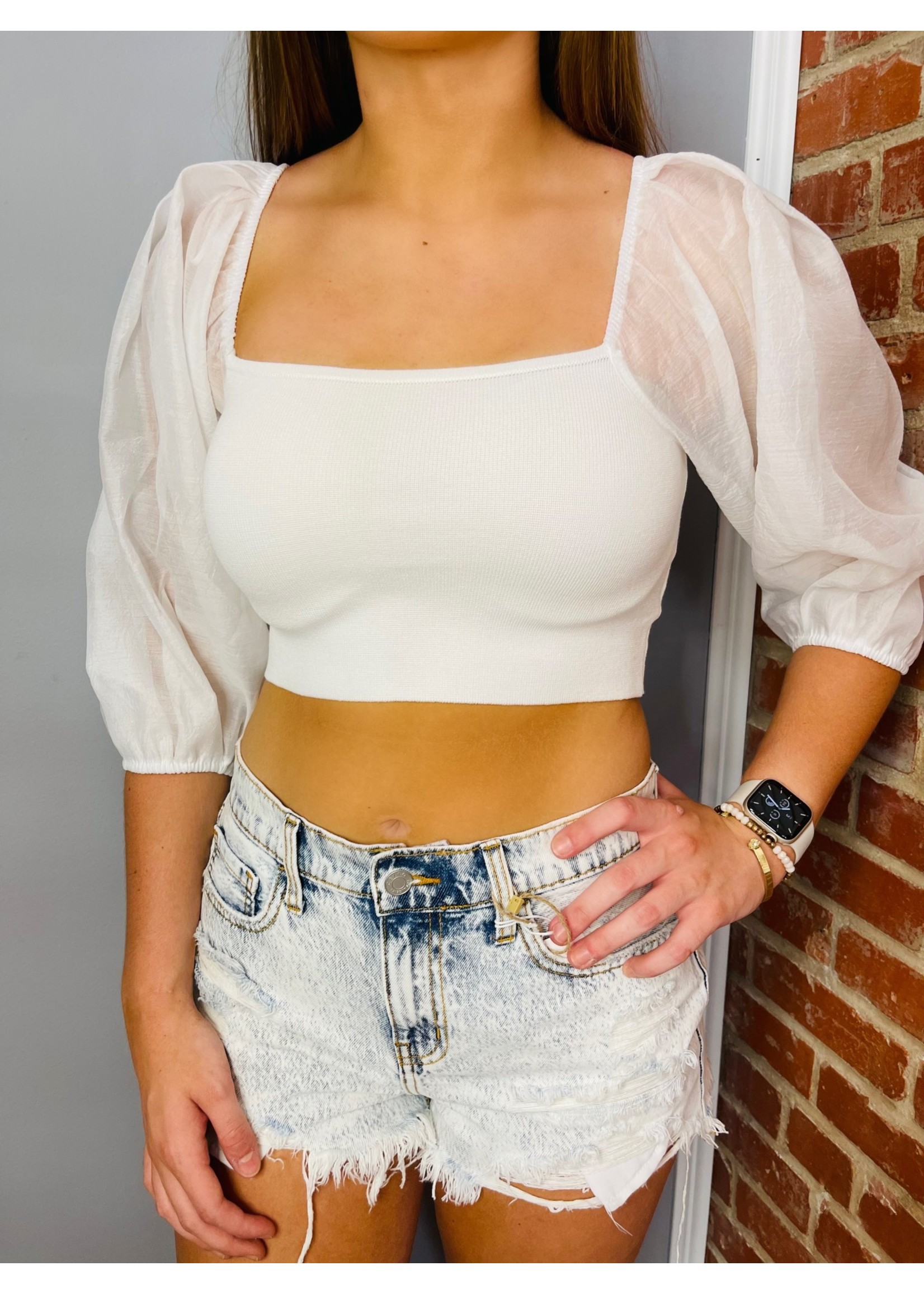 White Square Neck Rib Knit Contrast Sleeve Crop Top