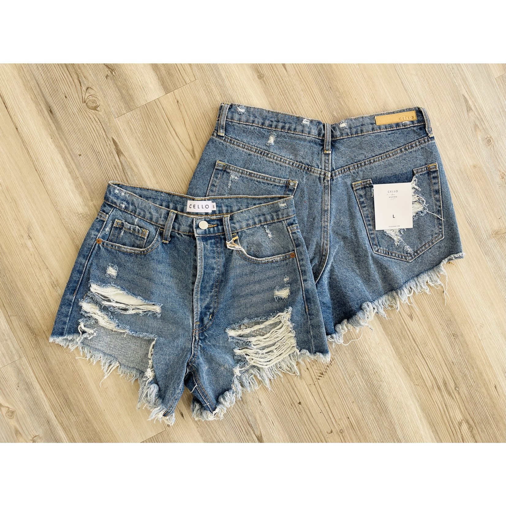 Cello Distressed High Rise Shorts with Button Fly Closure