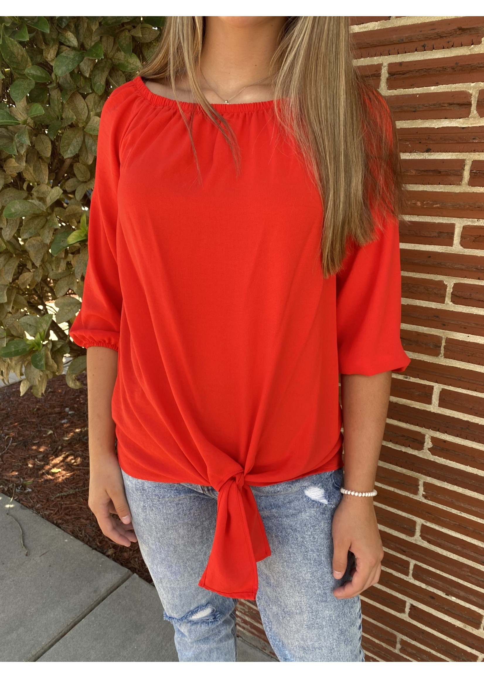 Red Top with Open Shoulder Neckline and Front Tie