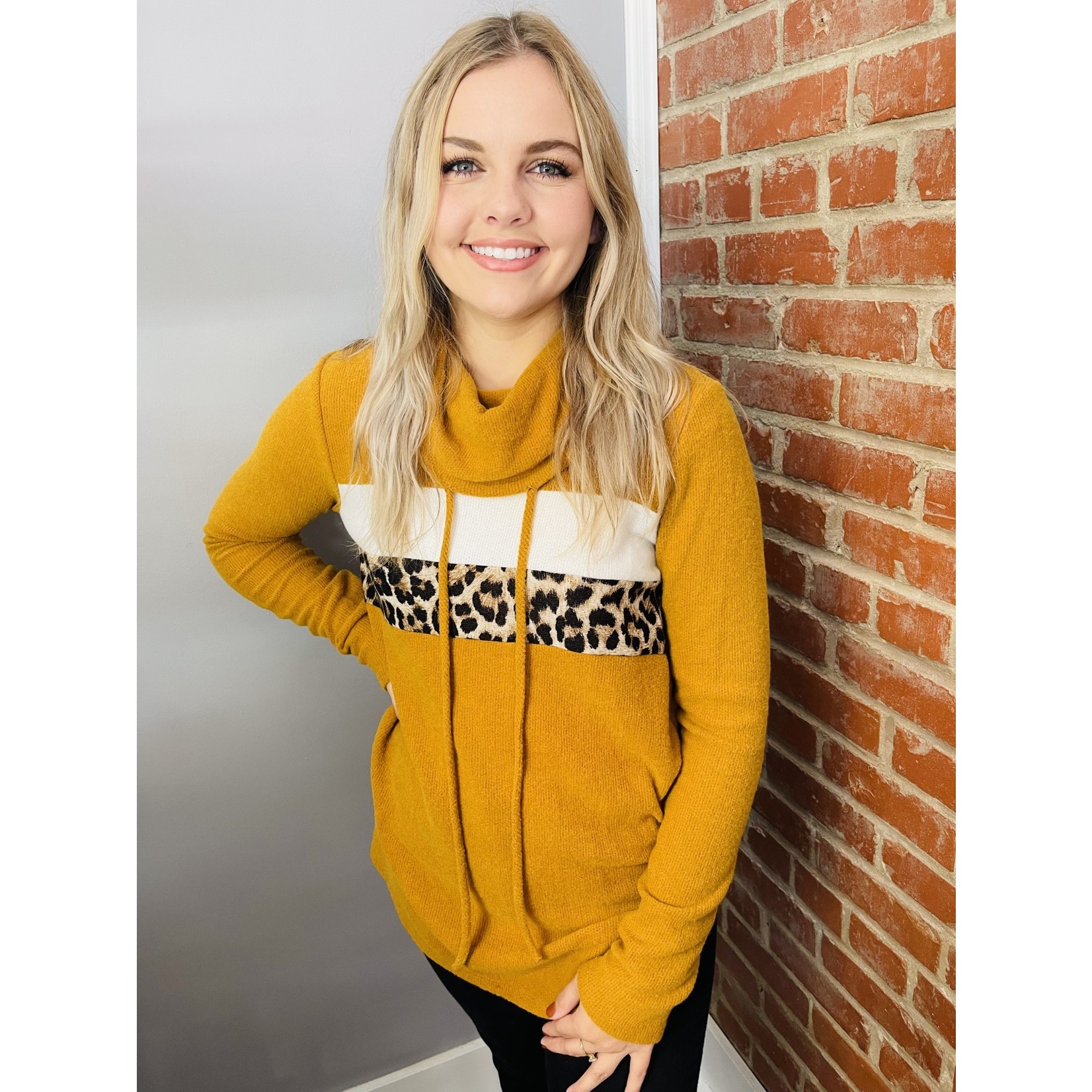 First Love Contrast Panel Top with Cowl Neck - Mustard