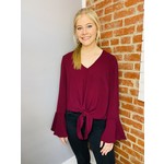 143 Story Burgundy VNeck Top with Front Tie & Ruffle Sleeves
