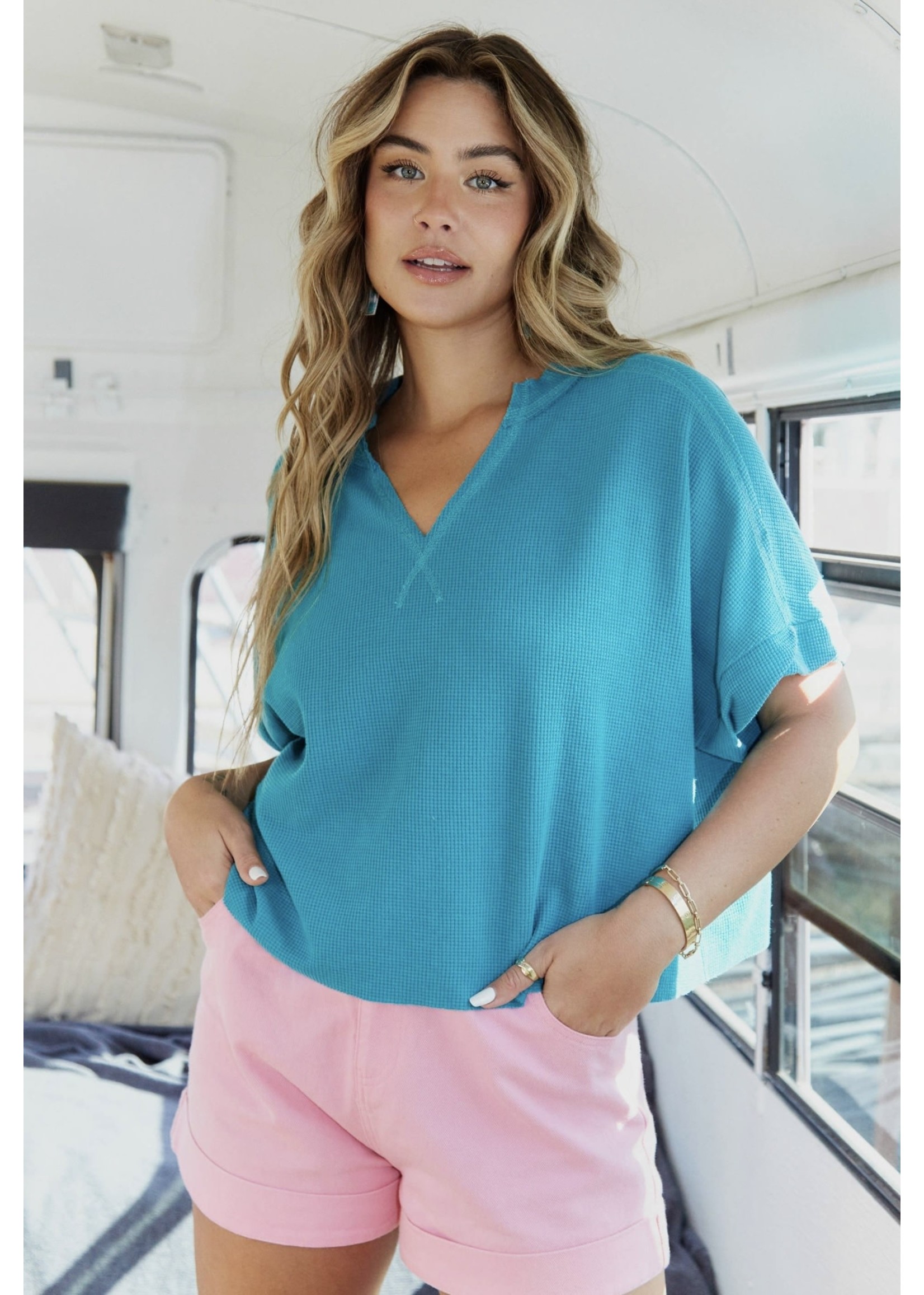 Peach Love California Washed Teal V-Neck Top