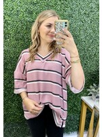 Multi Stripe Waffle Raw-Edged Top-Rose