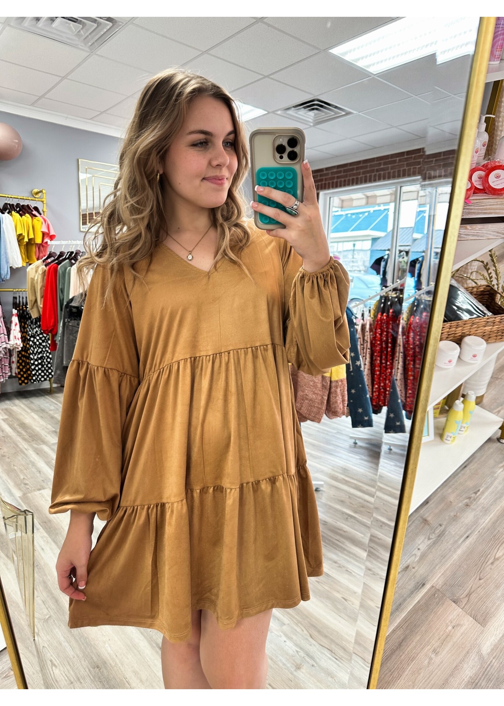 Suede Tiered Babydoll Dress -Camel