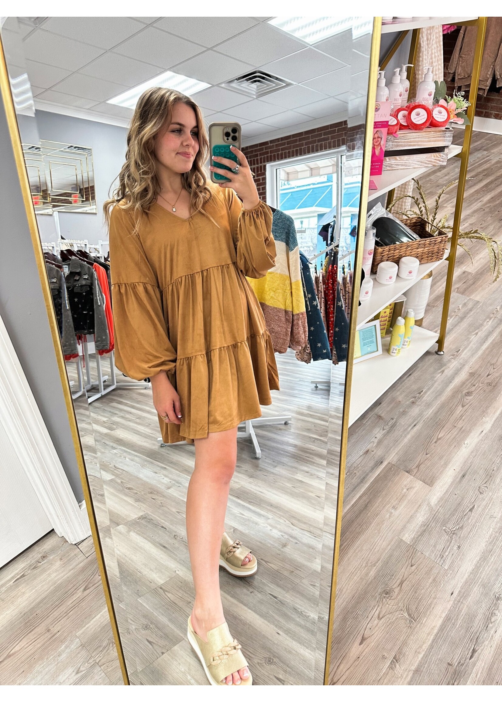 Suede Tiered Babydoll Dress -Camel