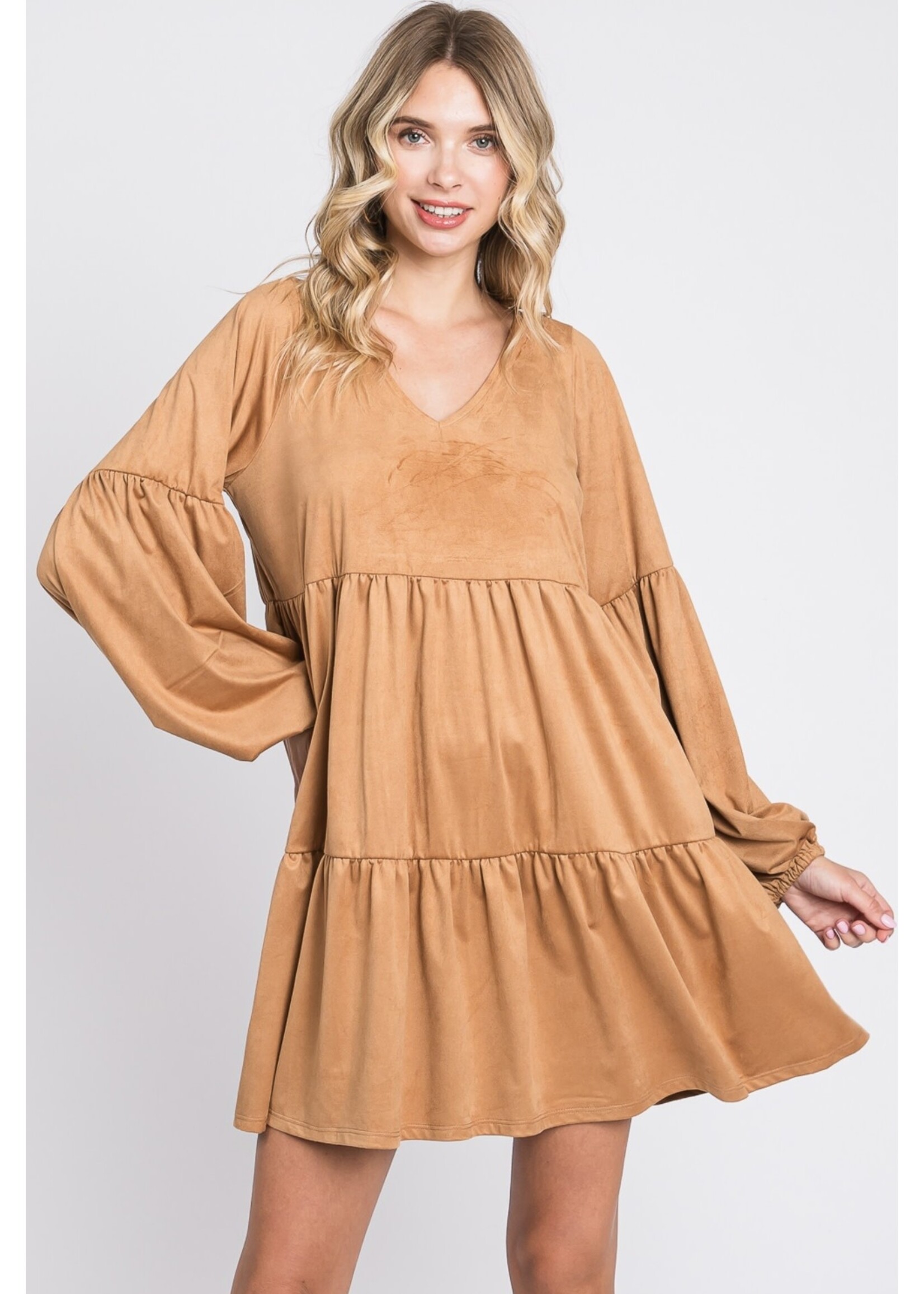 Suede Tiered Babydoll Dress -Camel