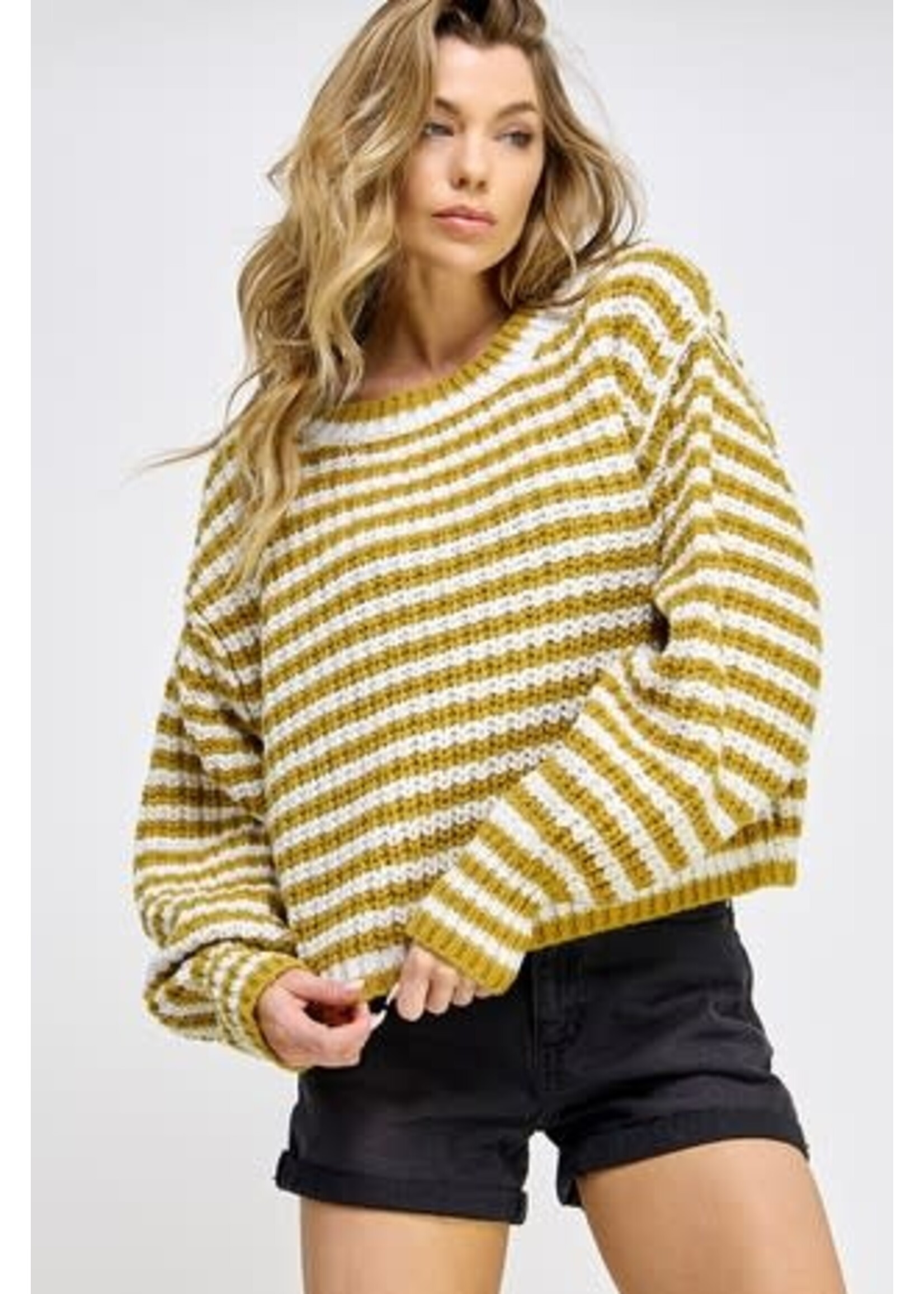 Striped Cropped Sweater-Off White/Mustard