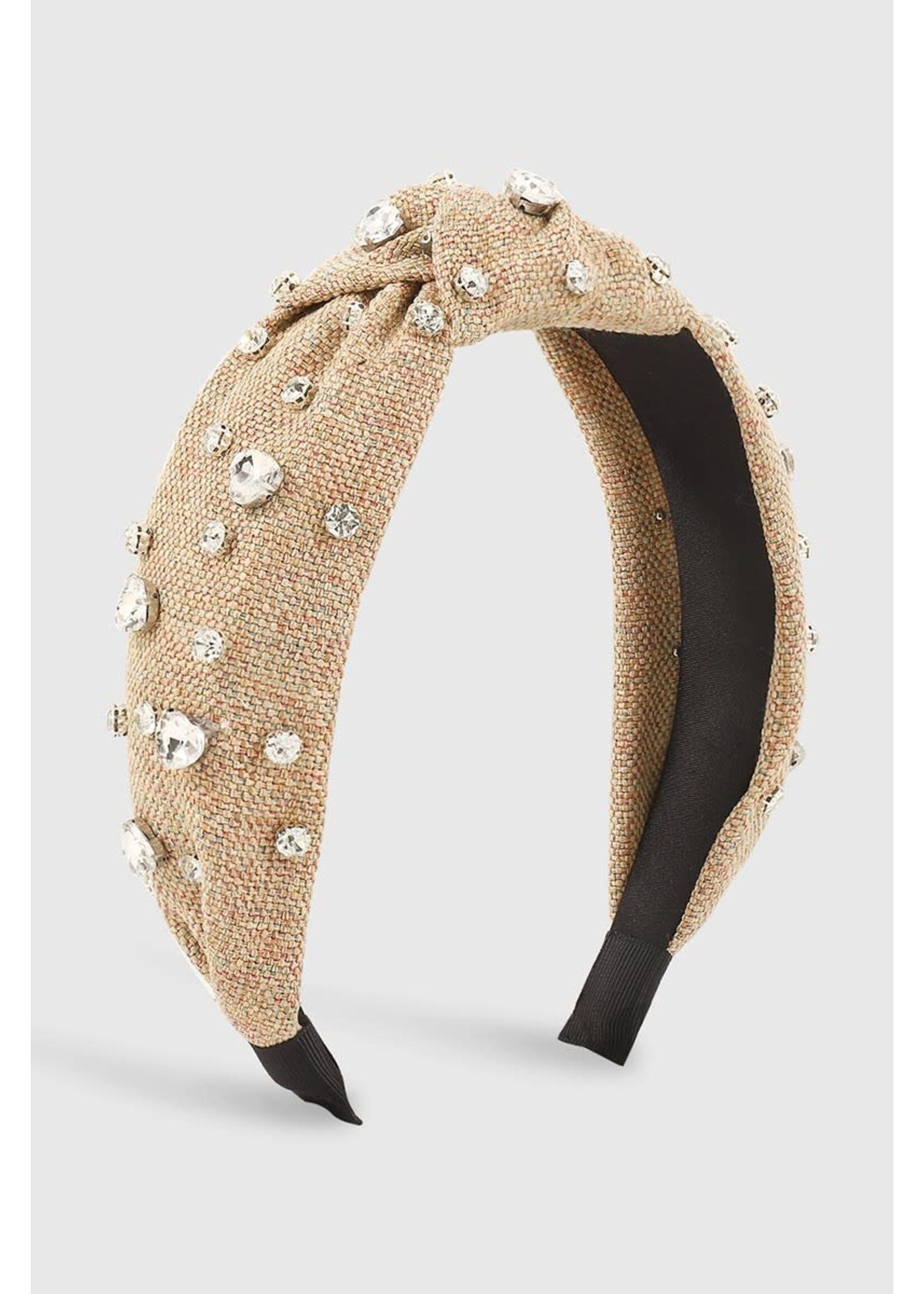 Thick Linen Heart Rhinestone Top Knot Headband-Khaki