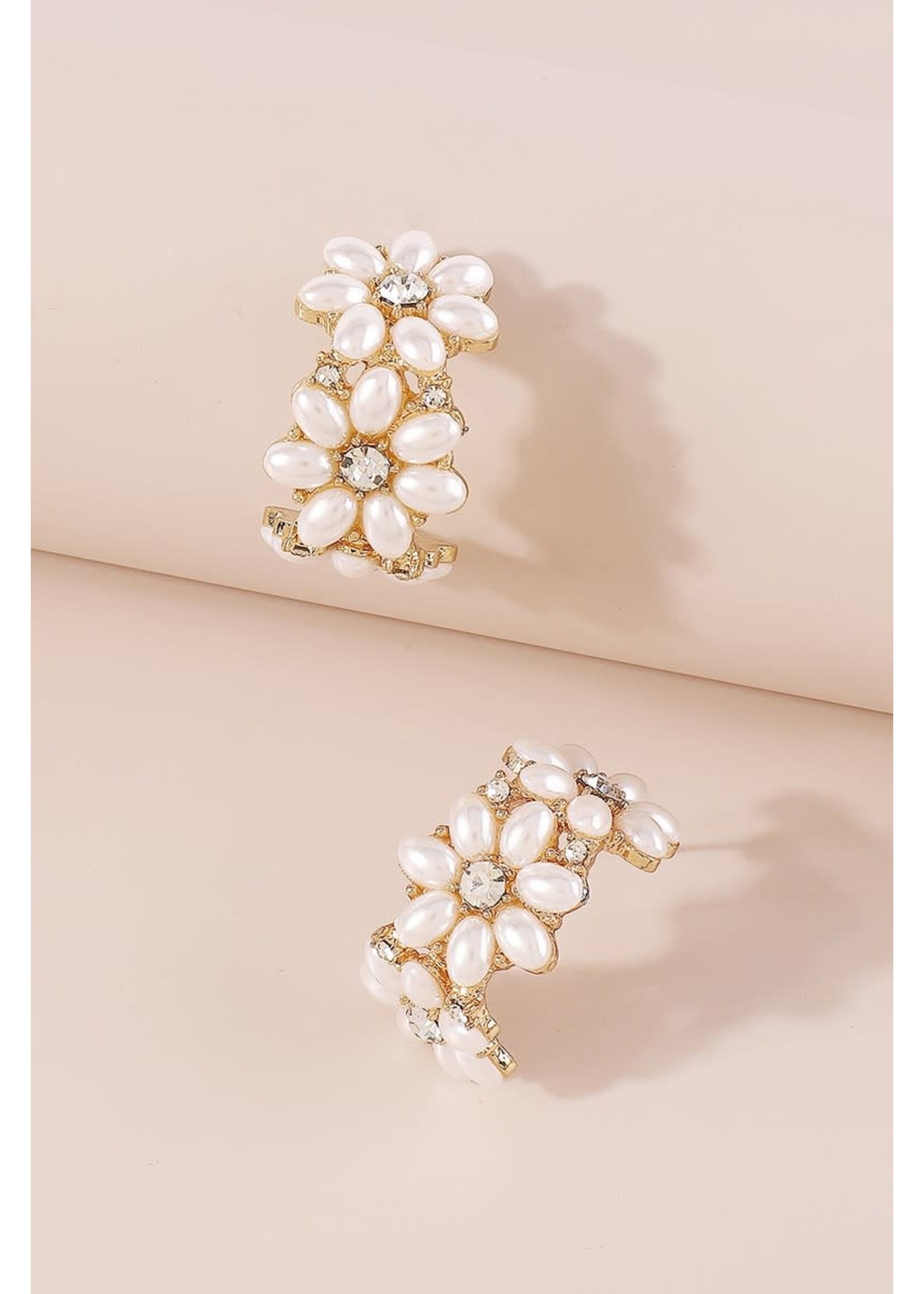 Pearl Rhinestone Flower Stud Huggie Earrings