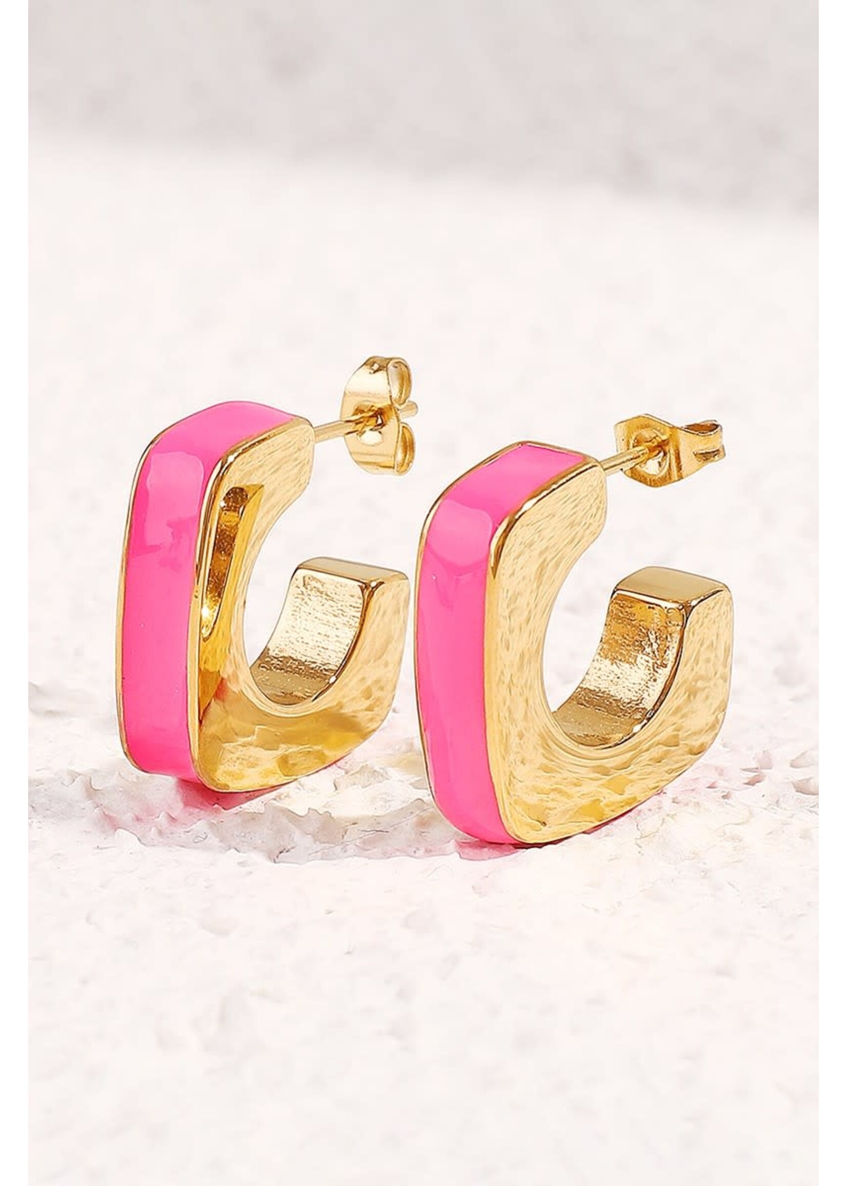 Stainless Steel C-Shape Pink Hoop Earrings