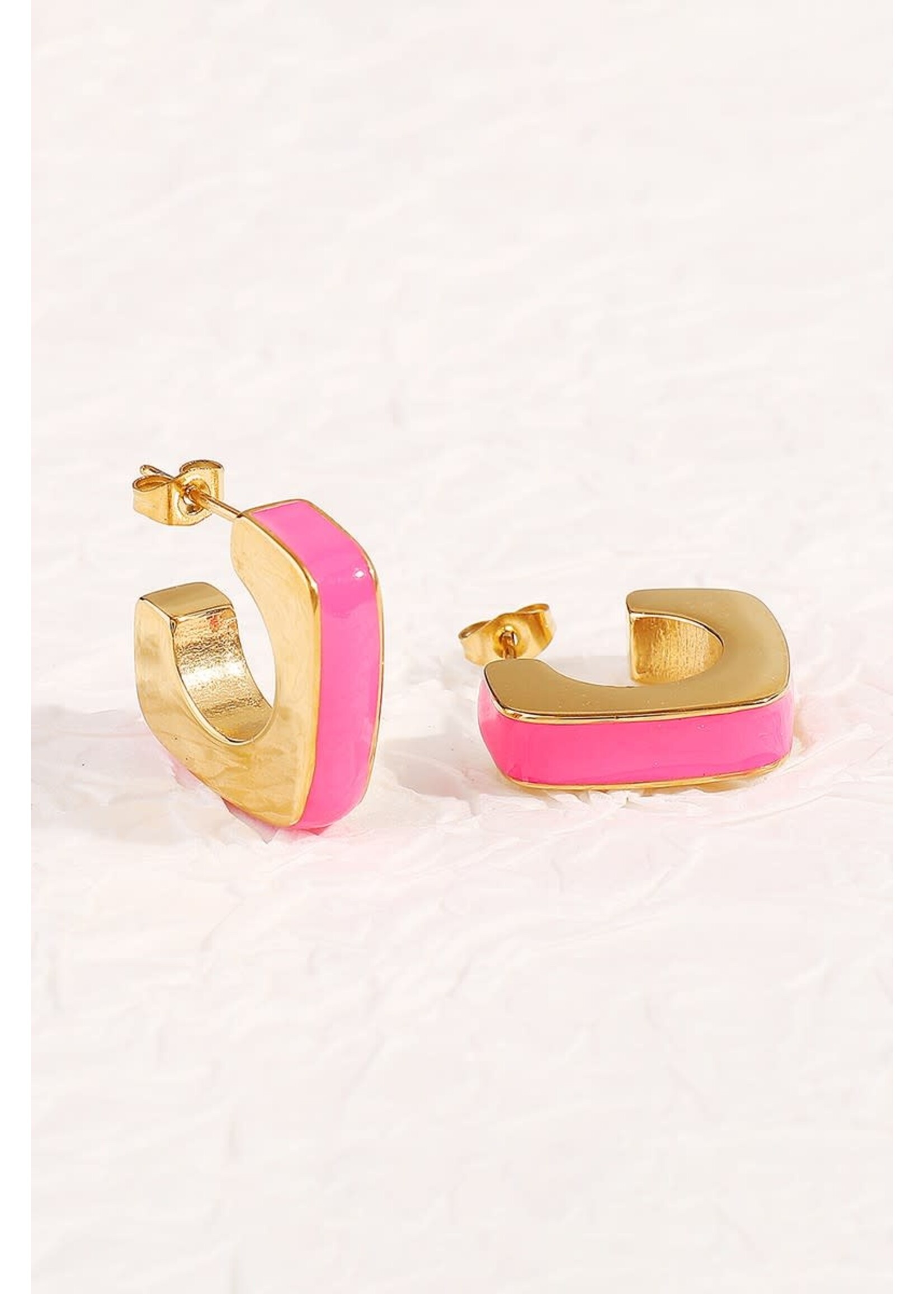 Stainless Steel C-Shape Pink Hoop Earrings