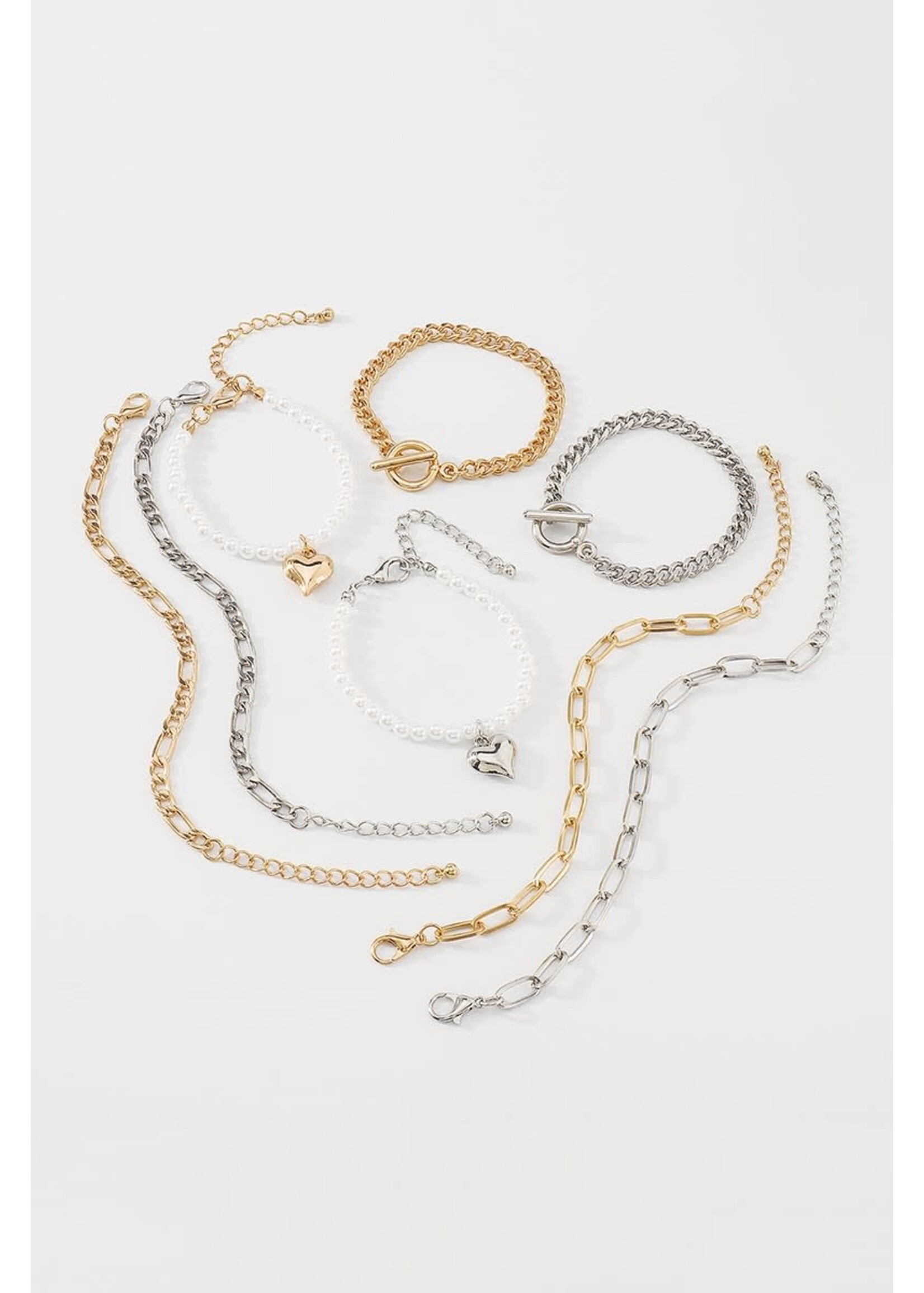 Metal Heart Pearl Chain Bracelet 4 Pc Set