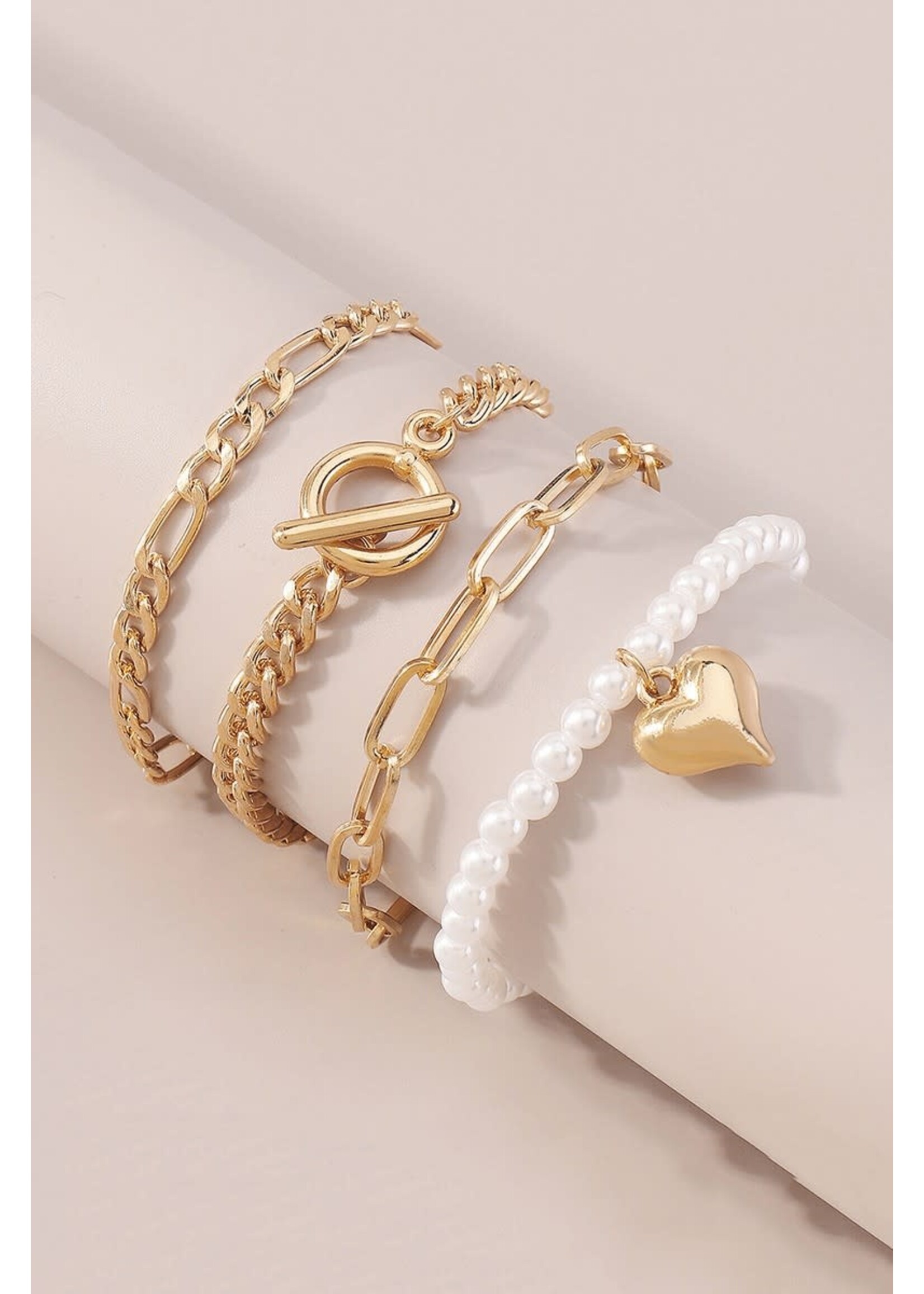 Metal Heart Pearl Chain Bracelet 4 Pc Set