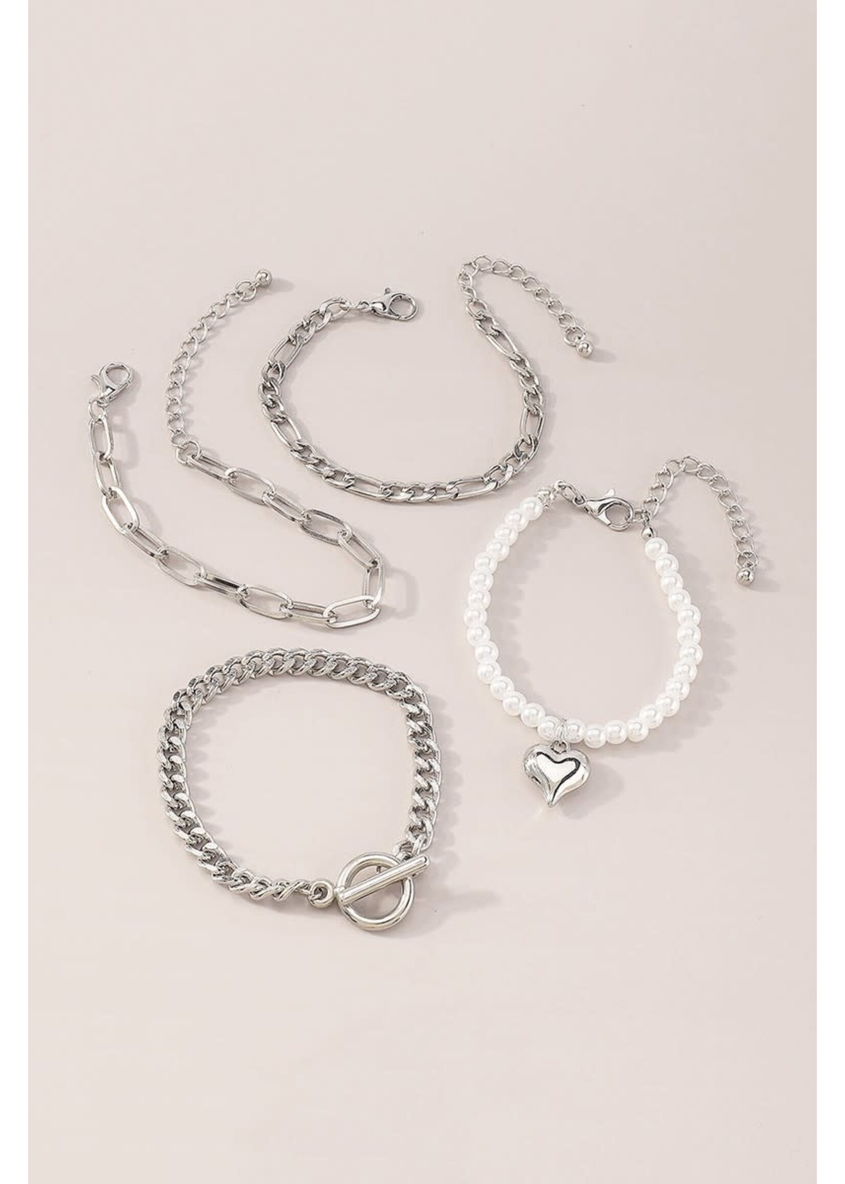 Metal Heart Pearl Chain Bracelet 4 Pc Set